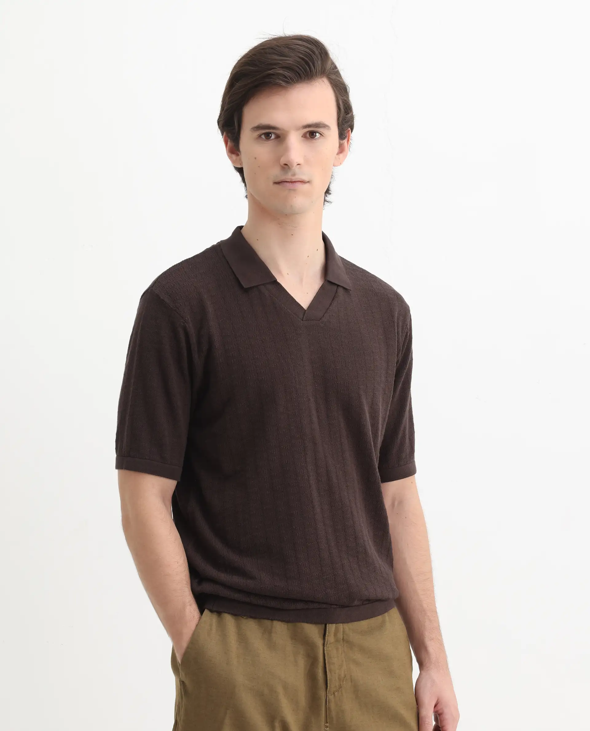 Rare Rabbit Men's Foix Brown Cotton Plain Regular Fit Half Sleeve Polo - Image 6