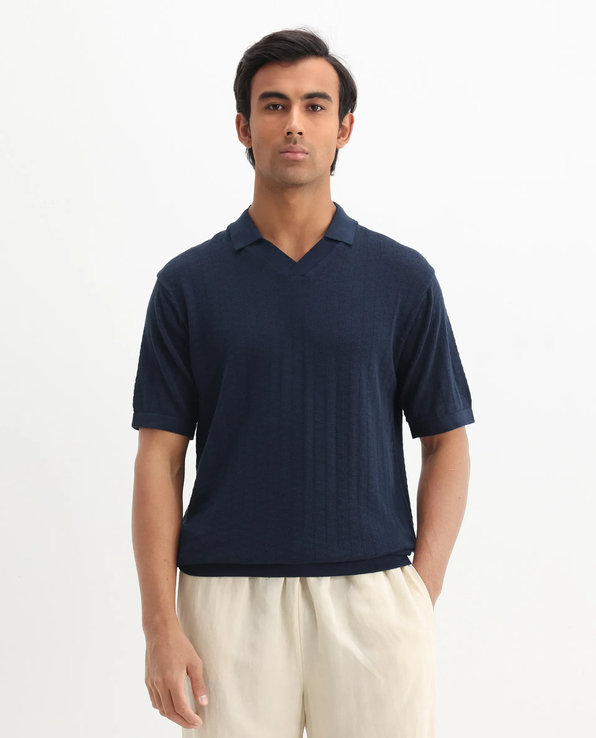 Rare Rabbit Men's Foix Dark Navy Cotton Plain Regular Fit Half Sleeve Polo - Image 3