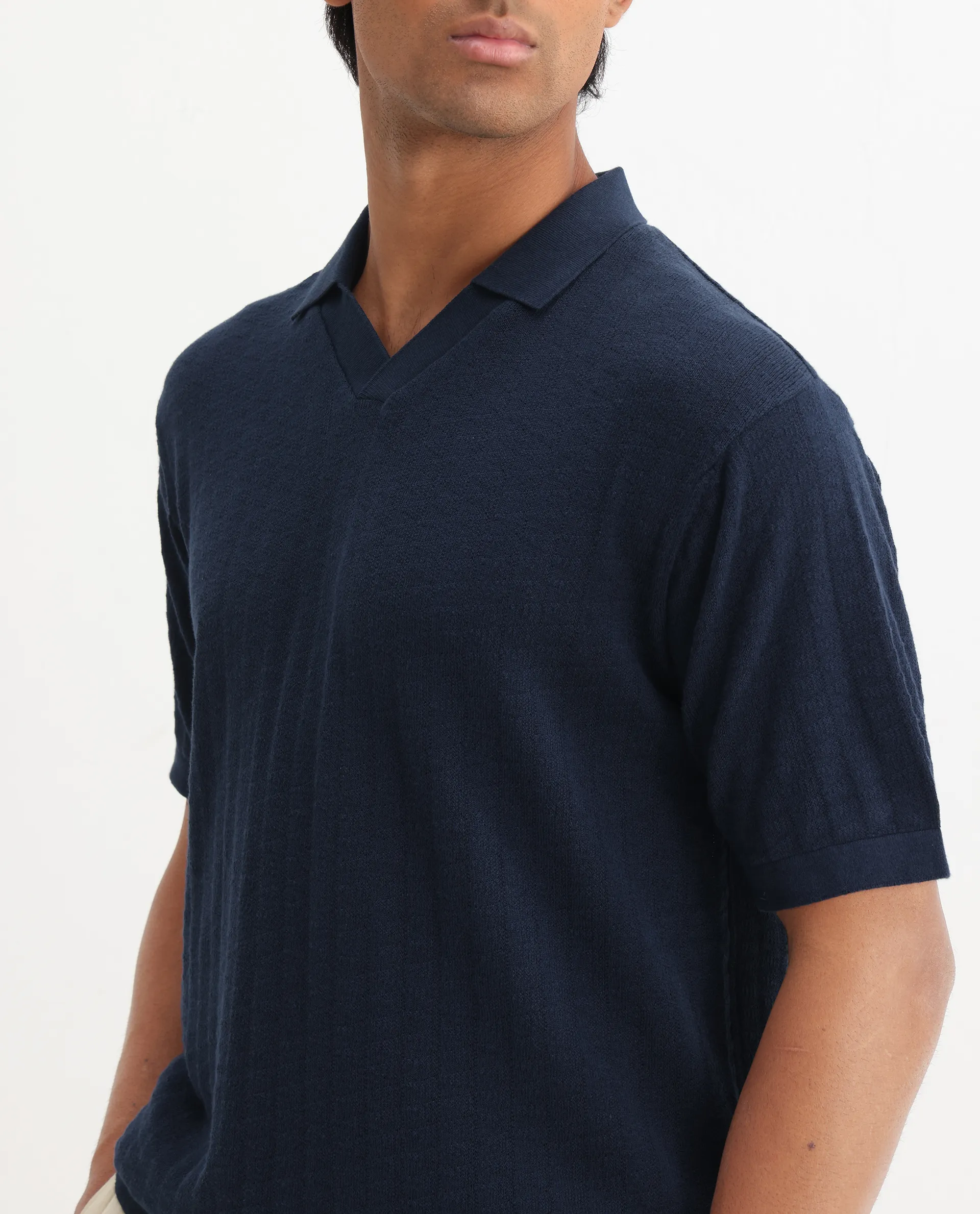 Rare Rabbit Men's Foix Dark Navy Cotton Plain Regular Fit Half Sleeve Polo - Image 5