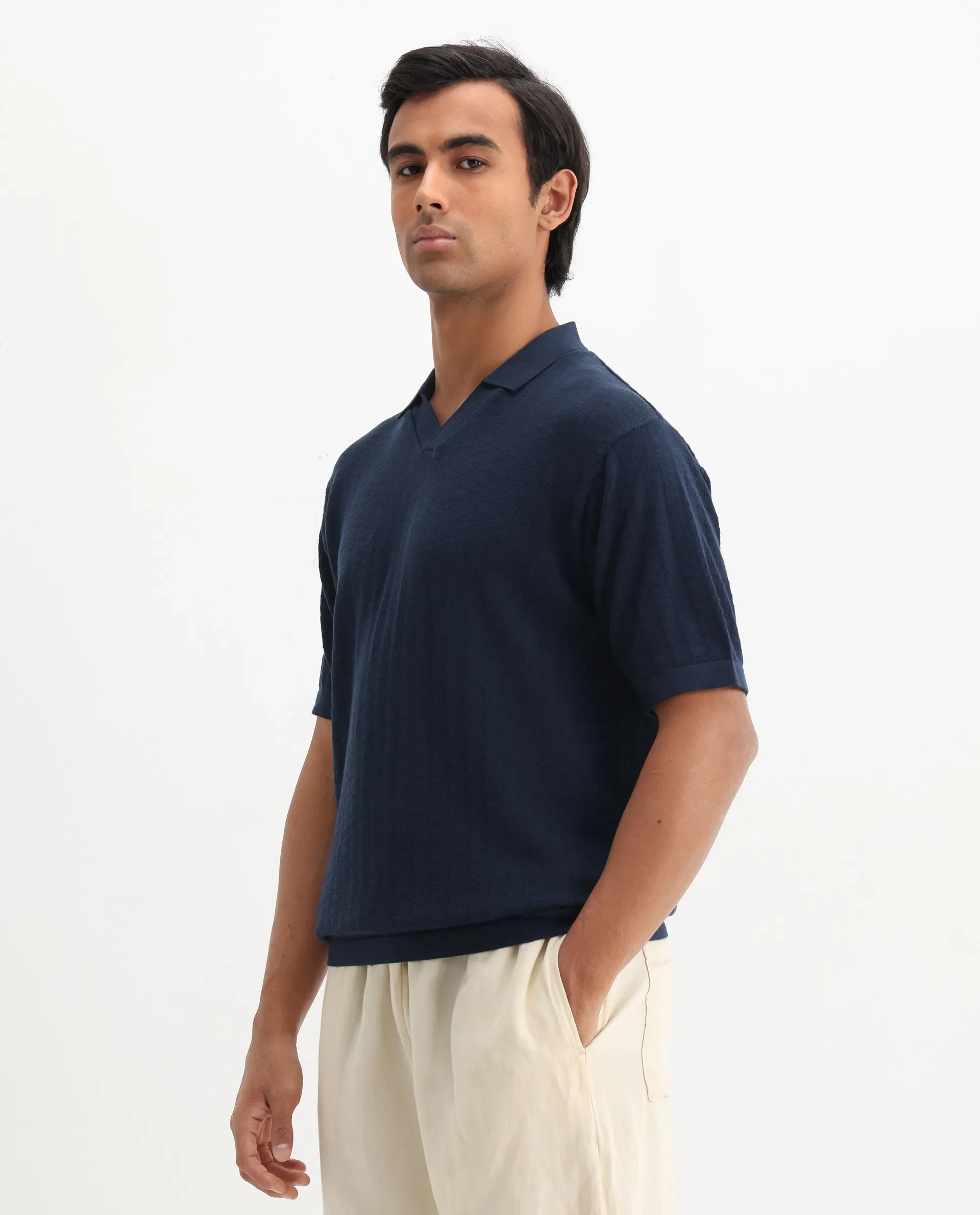 Rare Rabbit Men's Foix Dark Navy Cotton Plain Regular Fit Half Sleeve Polo - Image 7
