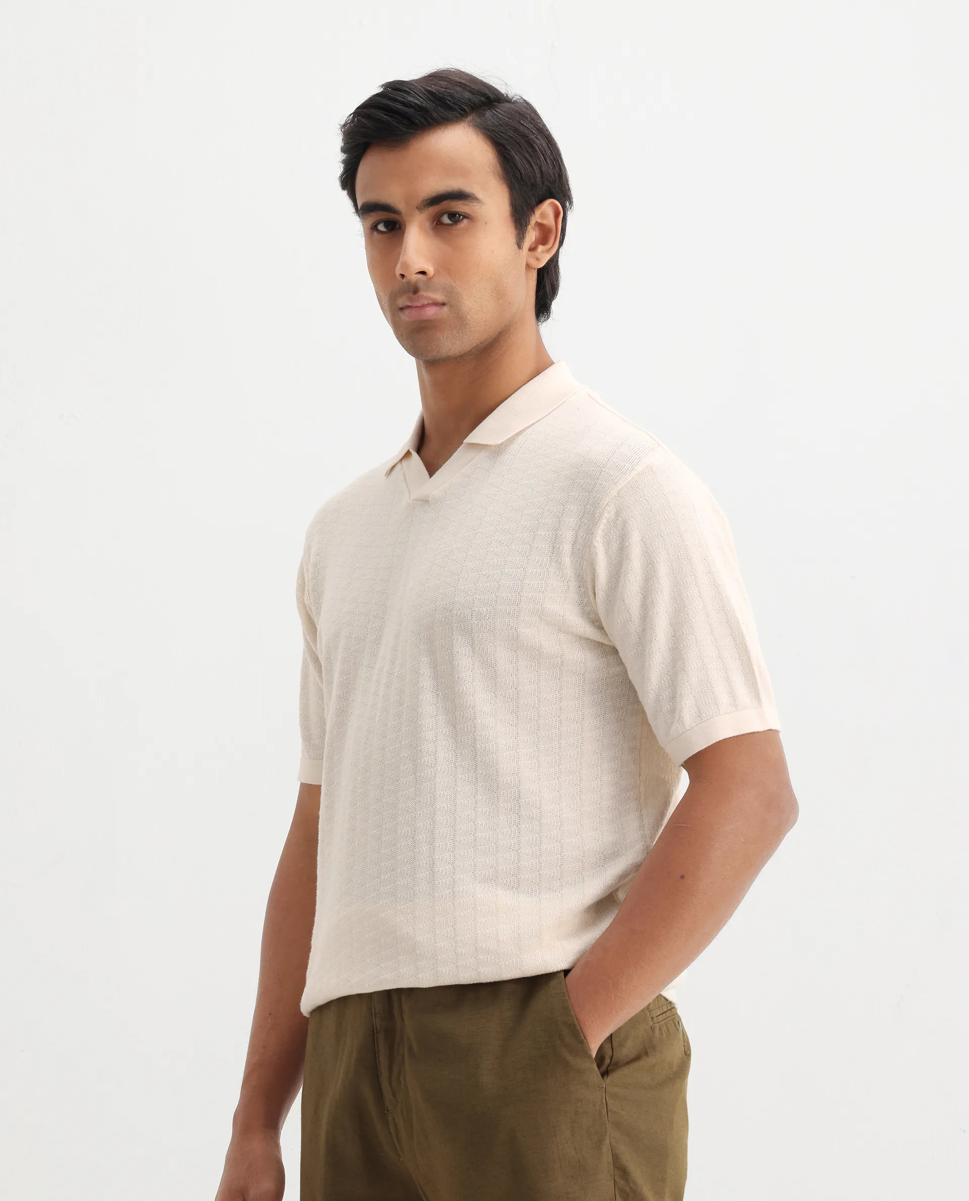Rare Rabbit Men's Foix Off White Cotton Plain Regular Fit Half Sleeve Polo - Image 7