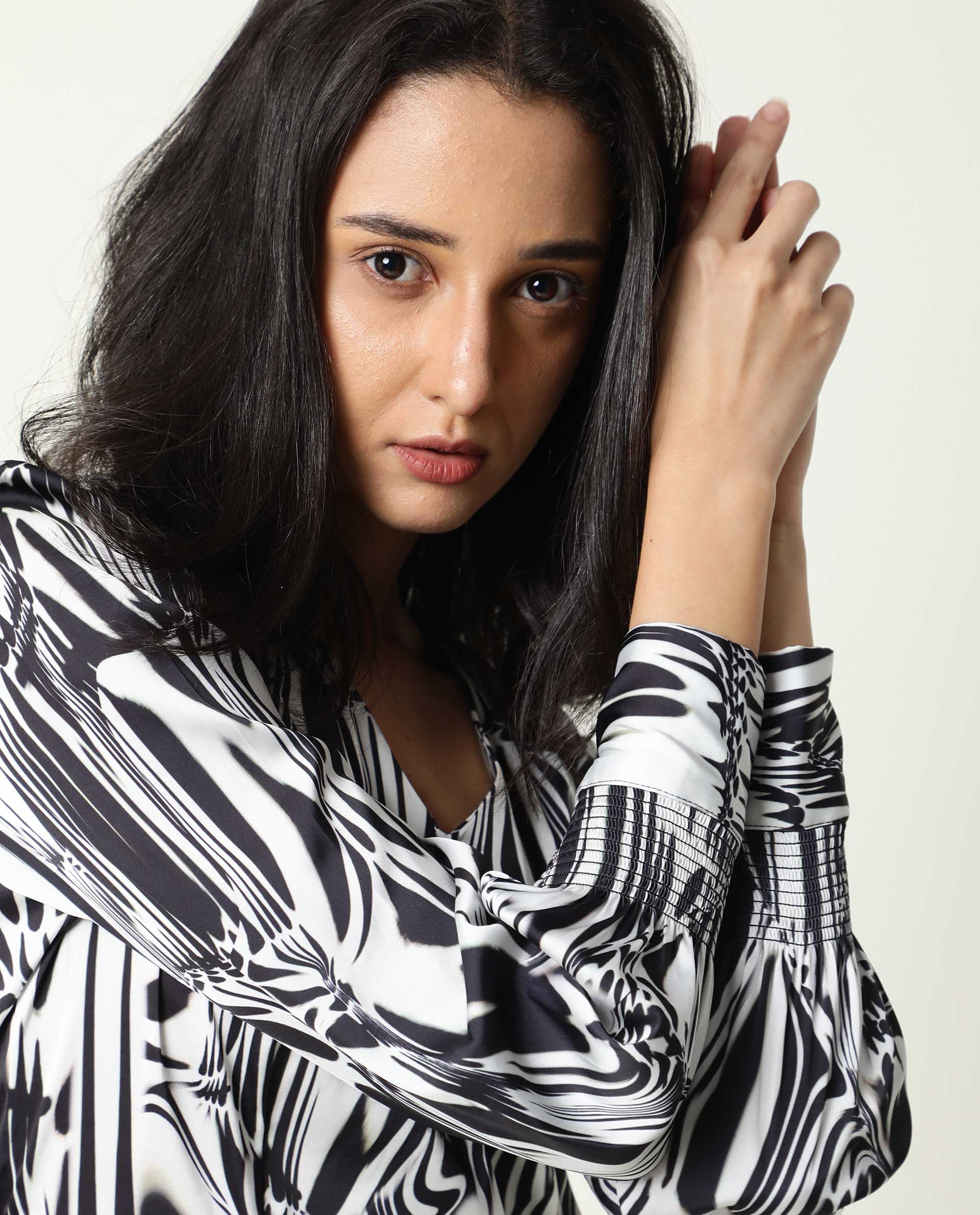 Rareism Women Fold Black Abstract Print Band Collar 3/4 Sleeves With Cuff Mini Dress - Image 11