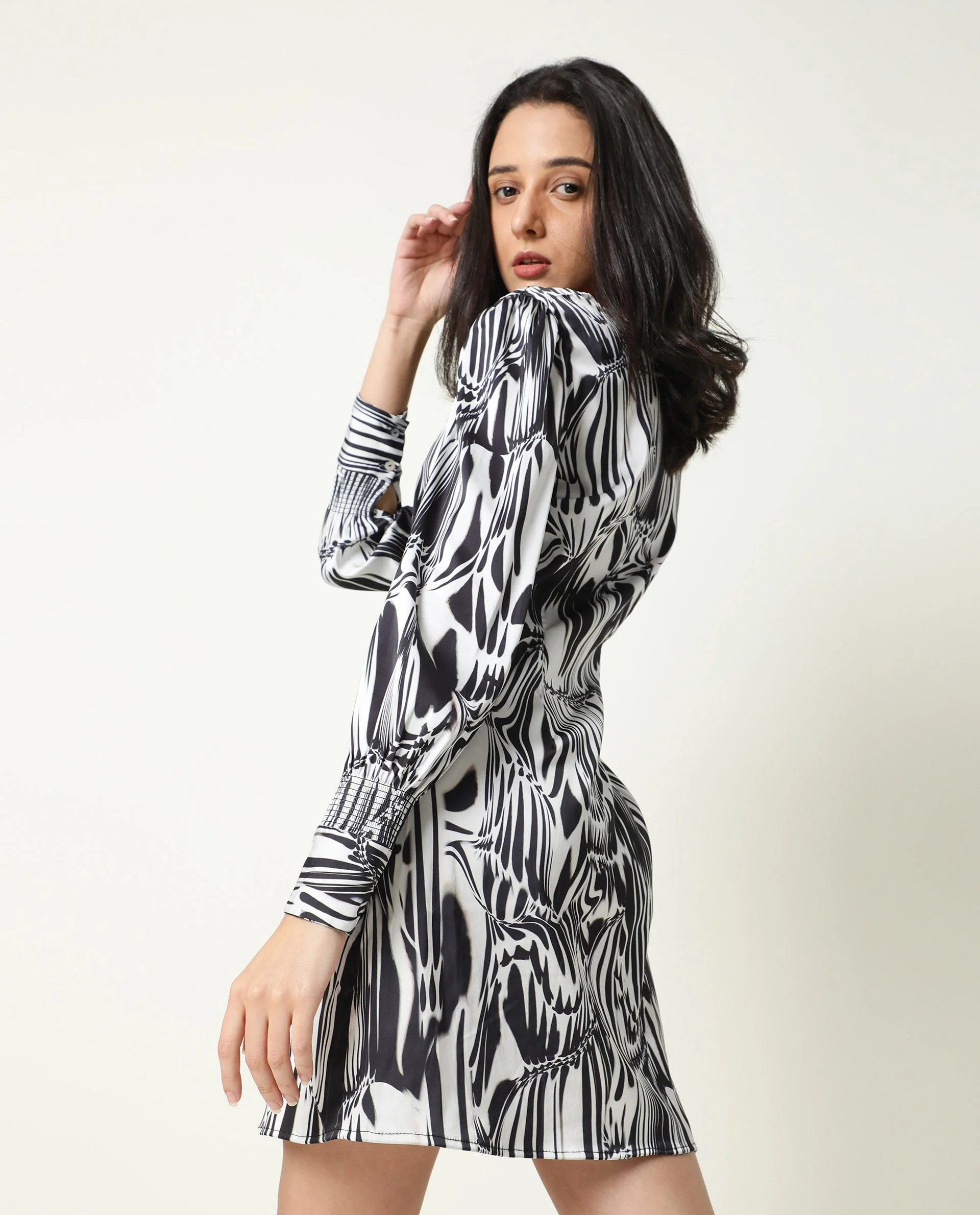 Rareism Women Fold Black Abstract Print Band Collar 3/4 Sleeves With Cuff Mini Dress - Image 5