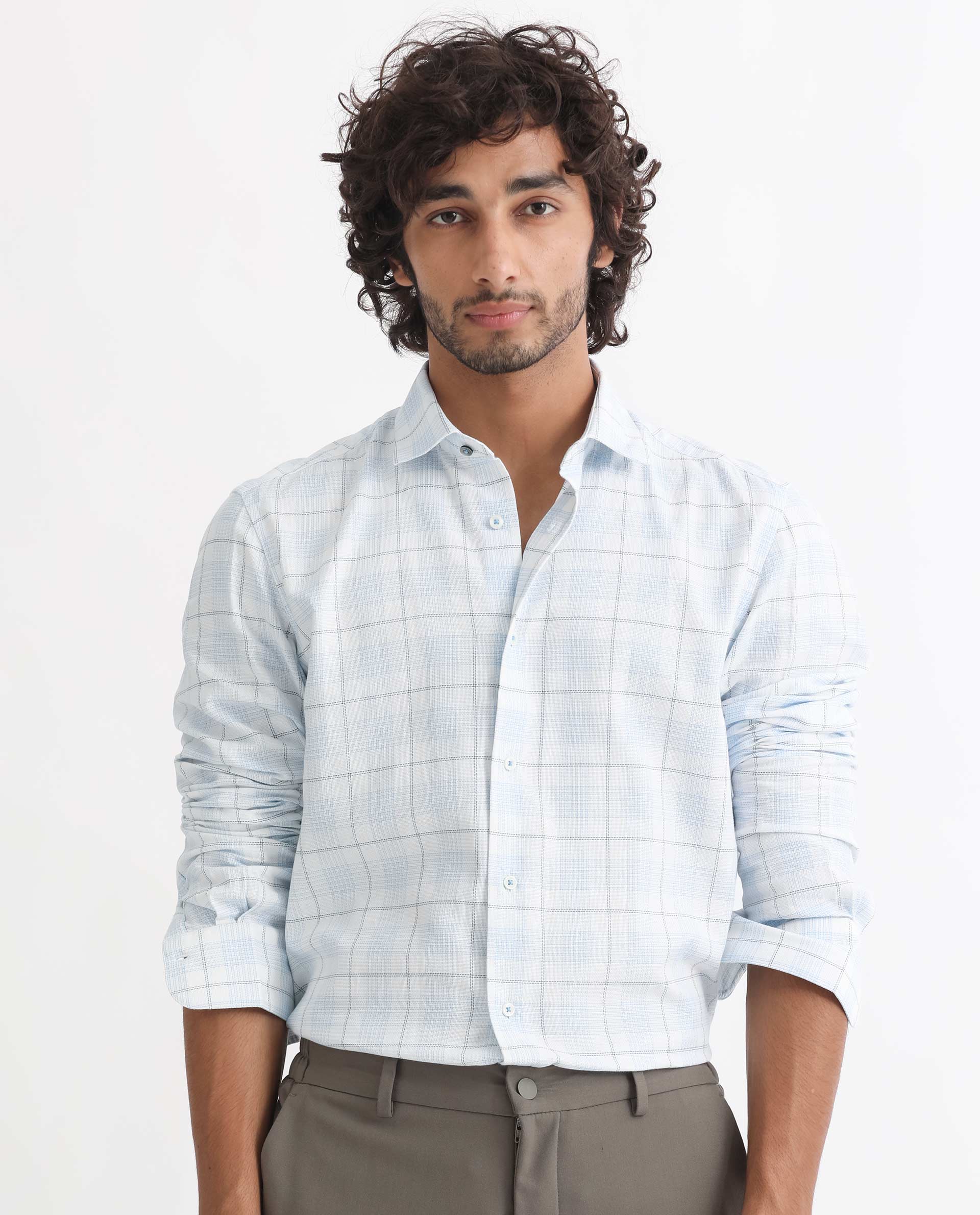 Rare Rabbit Men's Foley Light Blue Cotton Checked Print Tailored Fit Full Sleeve Collared Shirt