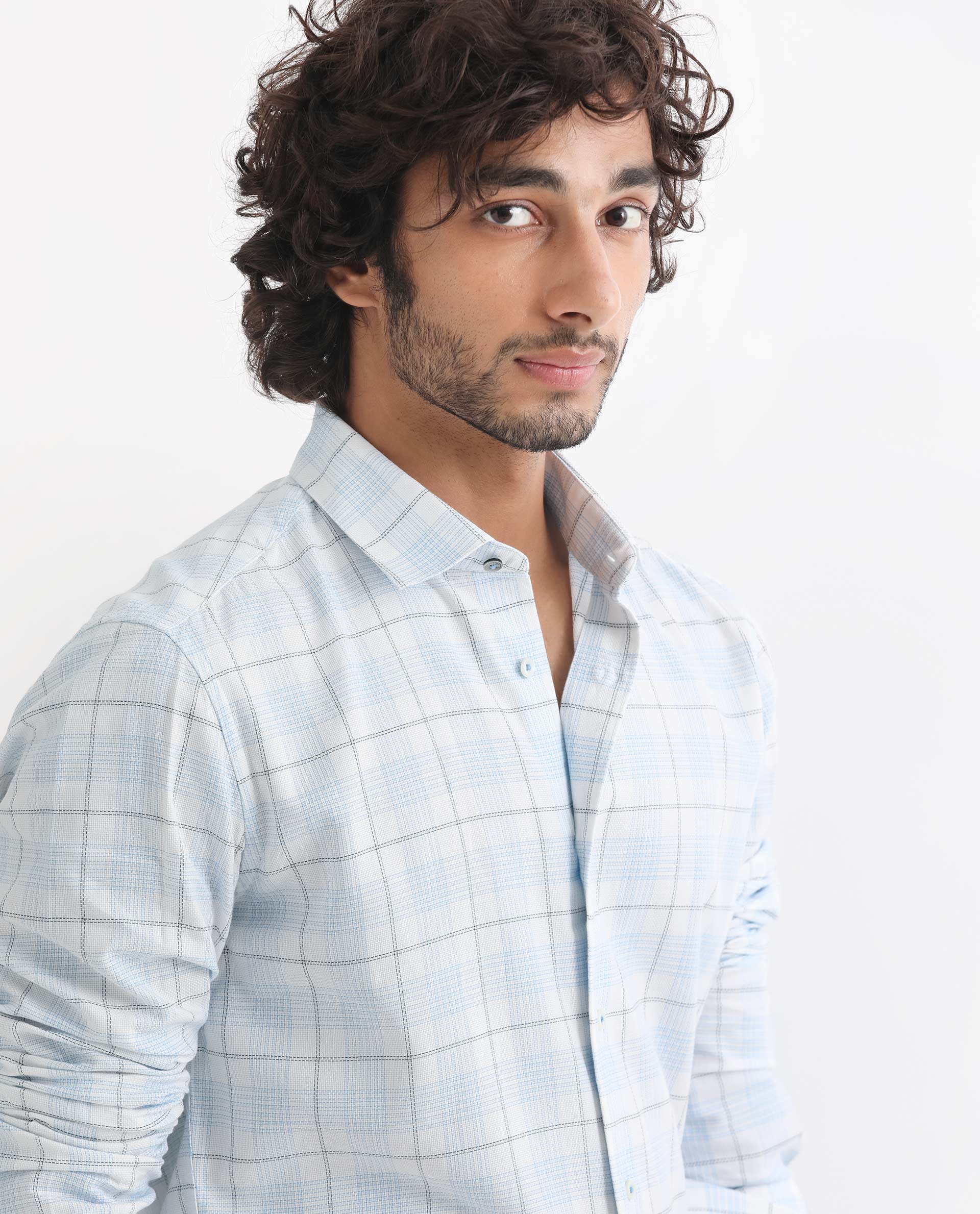 Rare Rabbit Men's Foley Light Blue Cotton Checked Print Tailored Fit Full Sleeve Collared Shirt - Image 3