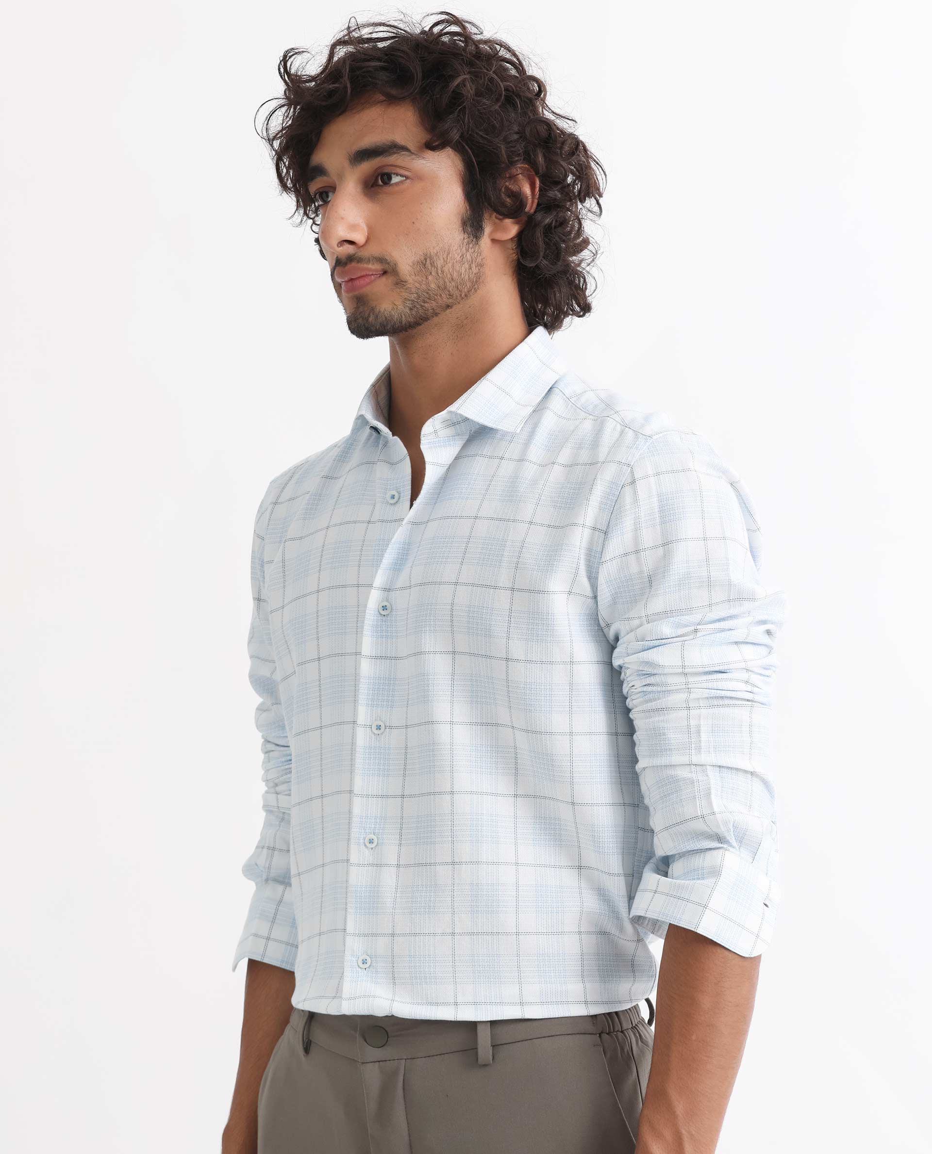 Rare Rabbit Men's Foley Light Blue Cotton Checked Print Tailored Fit Full Sleeve Collared Shirt - Image 5