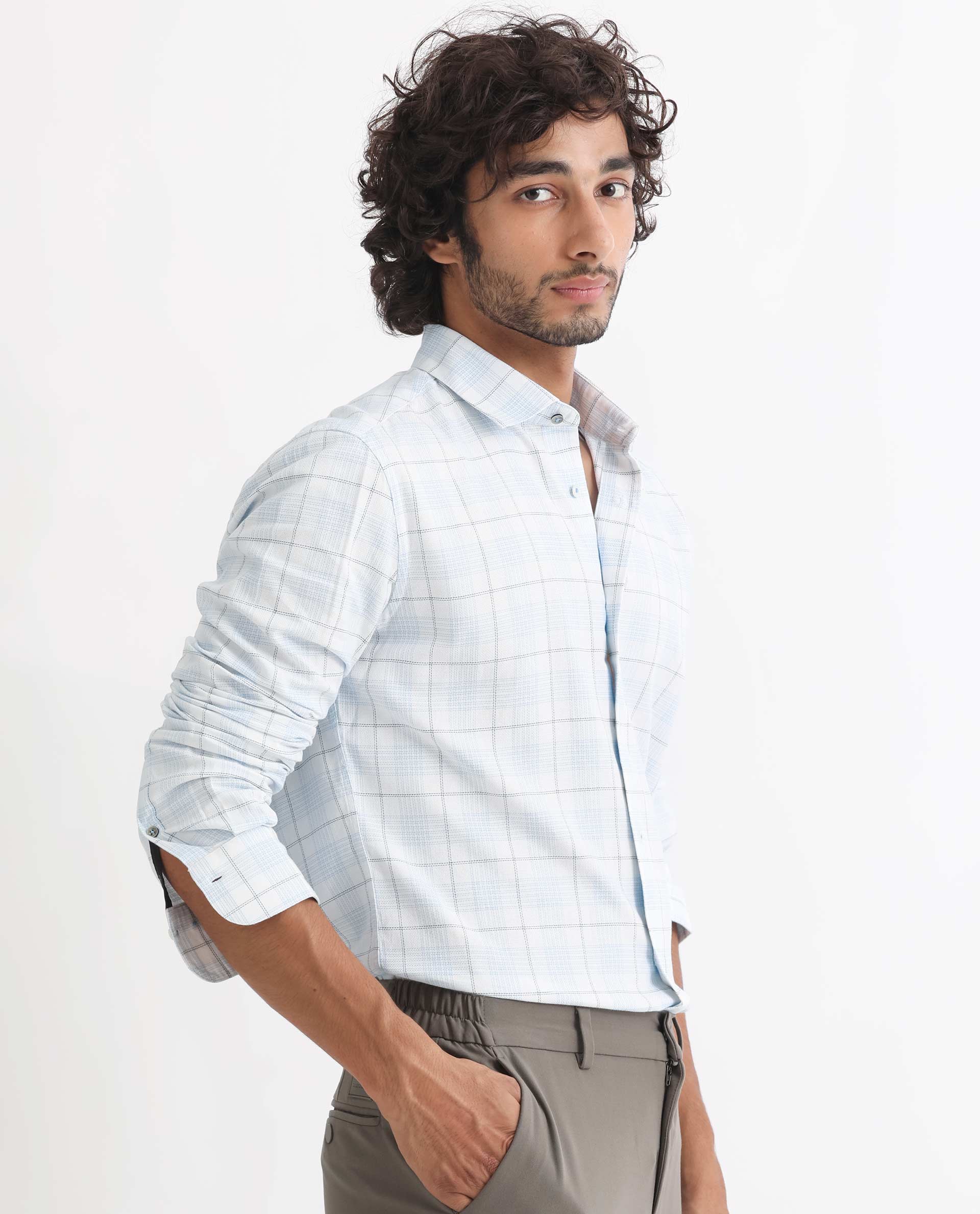 Rare Rabbit Men's Foley Light Blue Cotton Checked Print Tailored Fit Full Sleeve Collared Shirt - Image 6