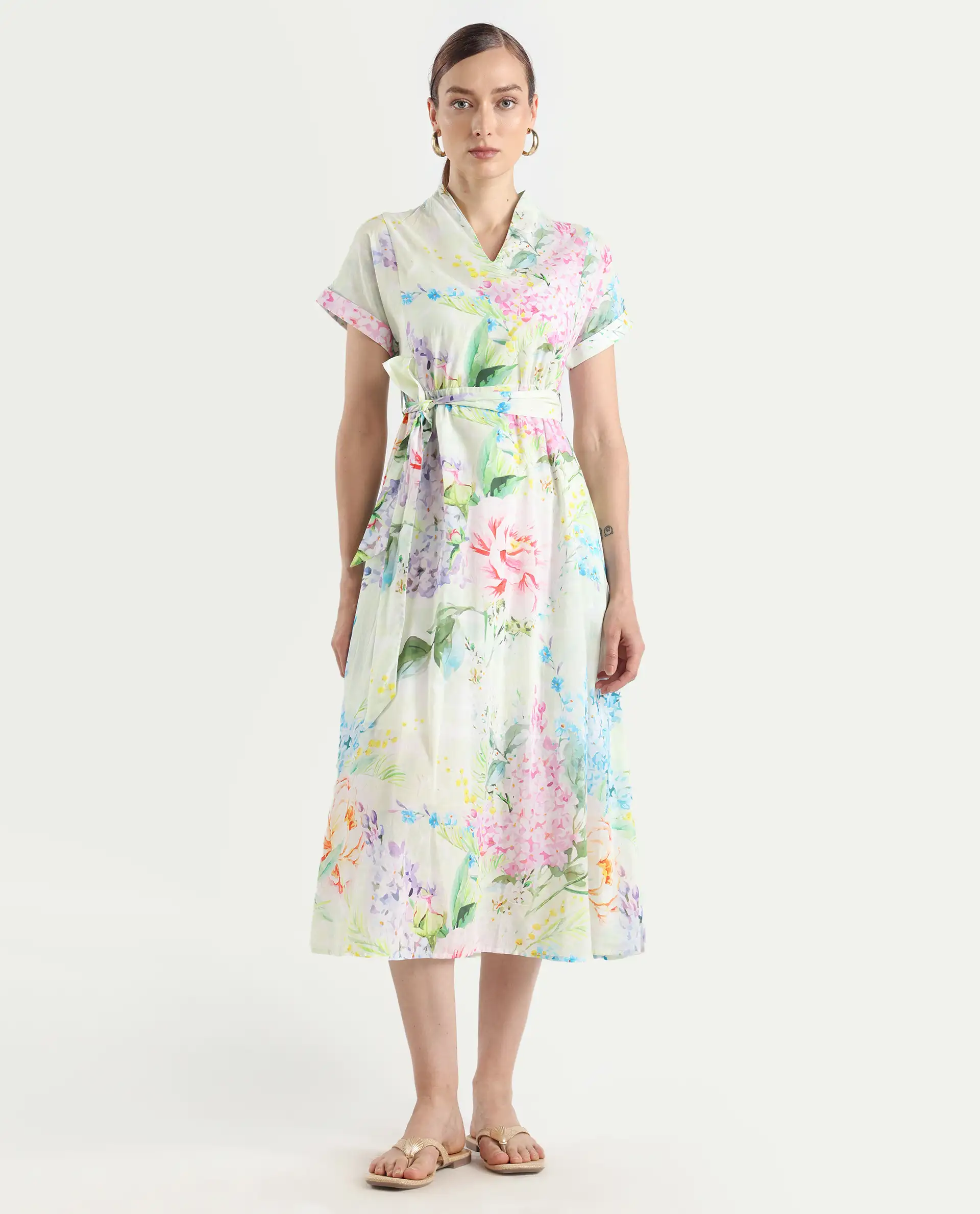 Rareism Women's Fona Multi Cotton V-Neck Floral Print Extended Sleeves Midi A-Line Dress - Image 4