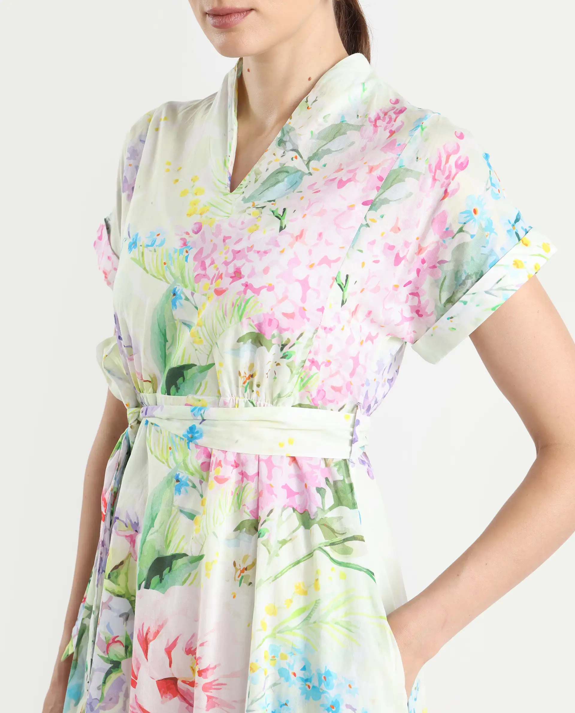 Rareism Women's Fona Multi Cotton V-Neck Floral Print Extended Sleeves Midi A-Line Dress - Image 5