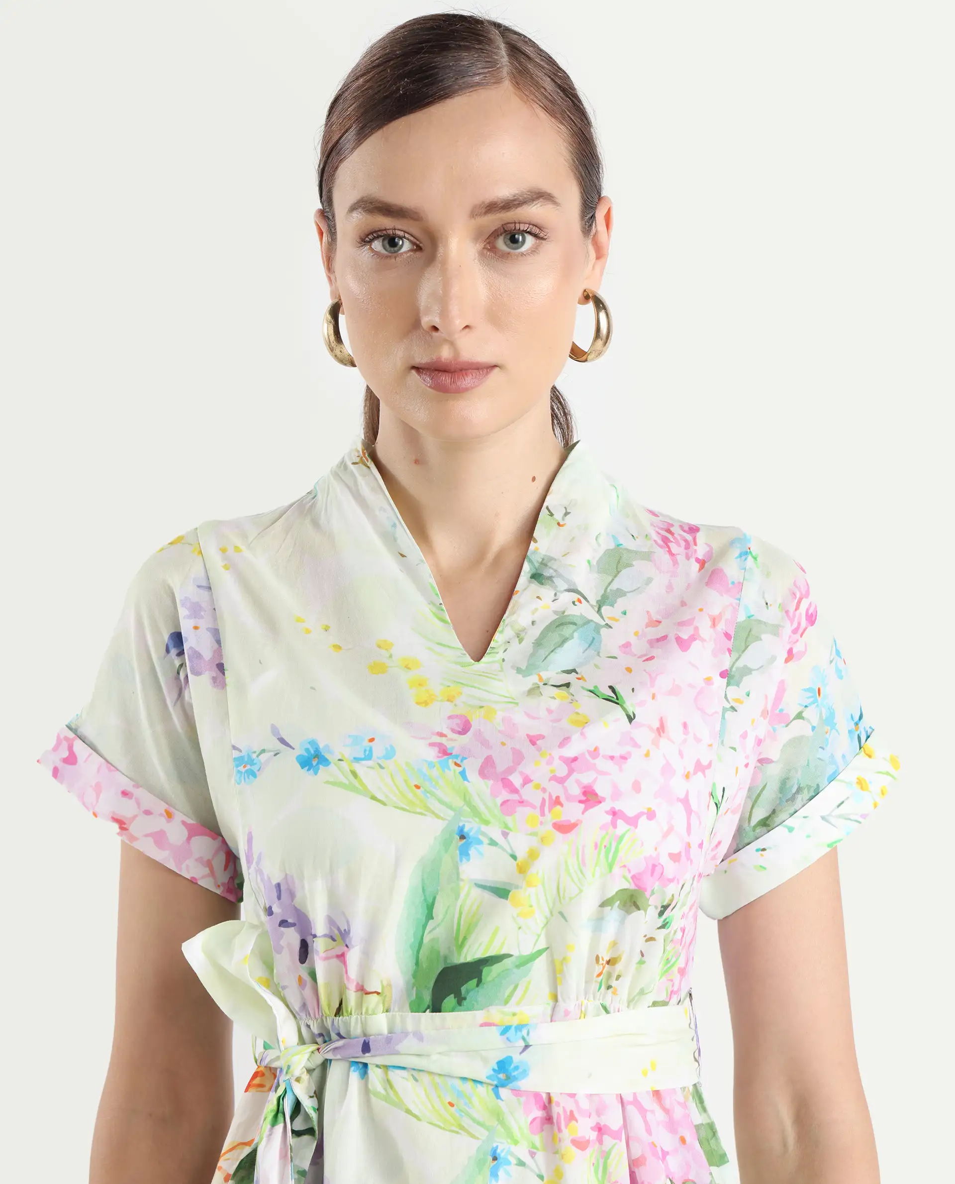 Rareism Women's Fona Multi Cotton V-Neck Floral Print Extended Sleeves Midi A-Line Dress - Image 6