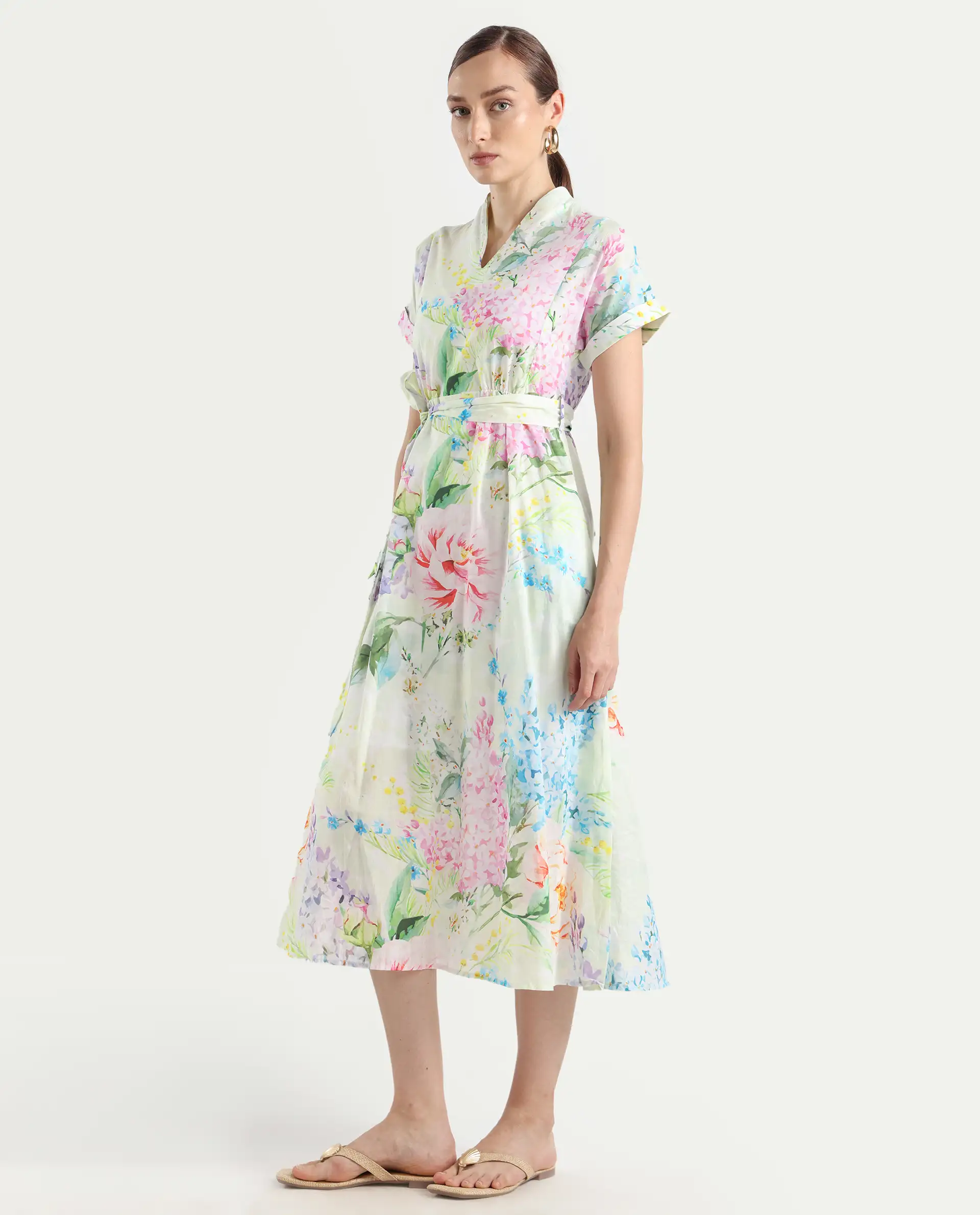 Rareism Women's Fona Multi Cotton V-Neck Floral Print Extended Sleeves Midi A-Line Dress - Image 7
