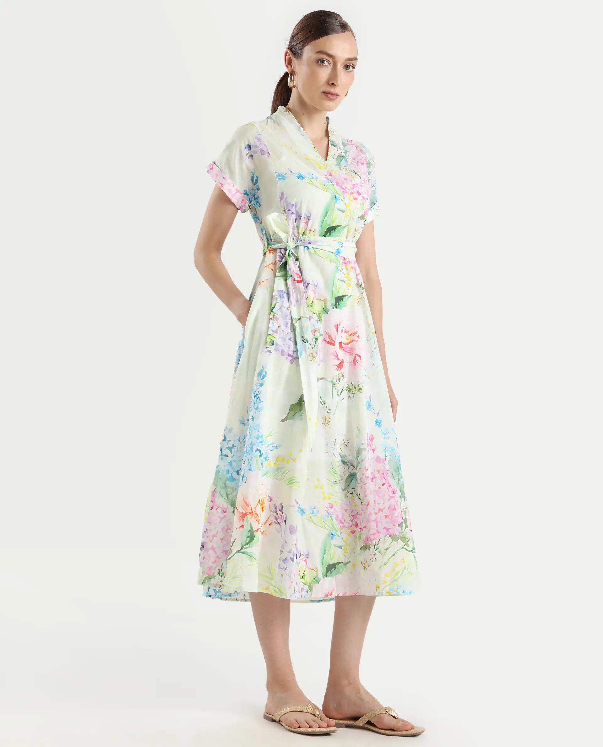 Rareism Women's Fona Multi Cotton V-Neck Floral Print Extended Sleeves Midi A-Line Dress - Image 8