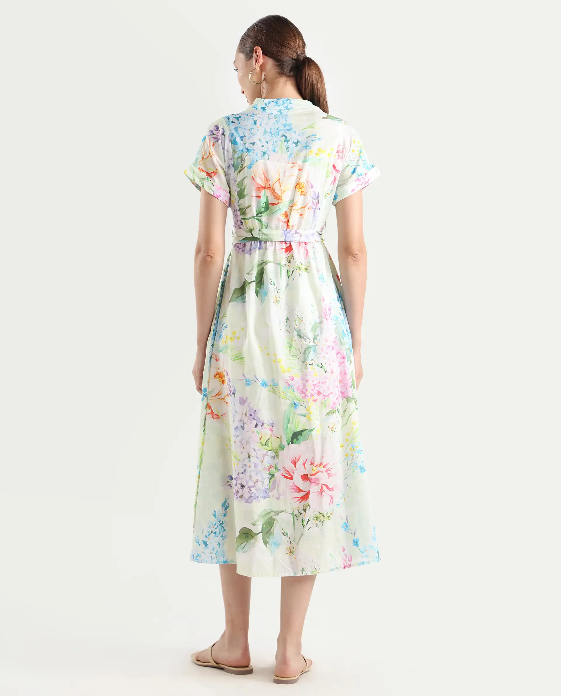 Rareism Women's Fona Multi Cotton V-Neck Floral Print Extended Sleeves Midi A-Line Dress - Image 9
