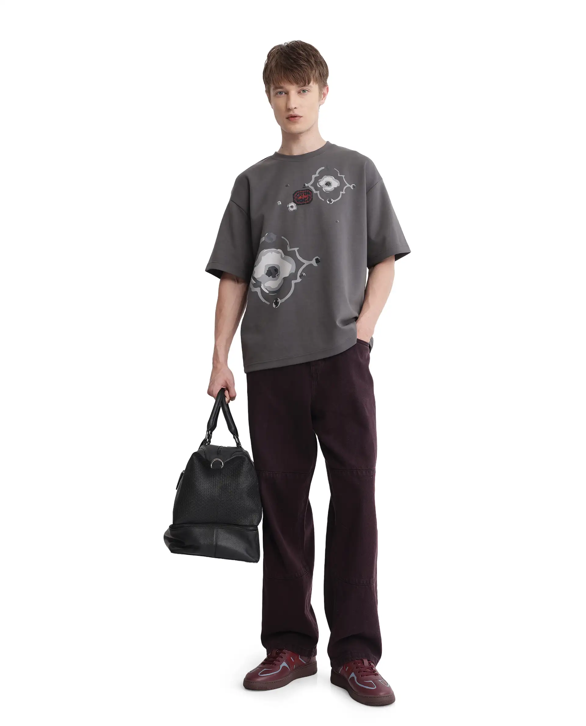 Rare Rabbit Men's Fonz Dark Grey Cotton Blend Graphic Print Oversized Fit Half Sleeve Crew Neck T-Shirt - Image 3