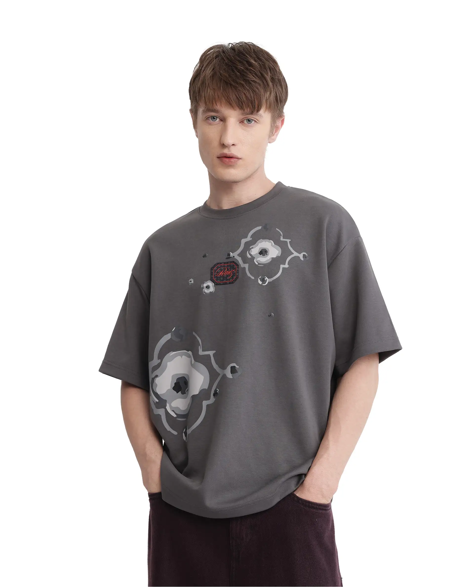 Rare Rabbit Men's Fonz Dark Grey Cotton Blend Graphic Print Oversized Fit Half Sleeve Crew Neck T-Shirt - Image 5