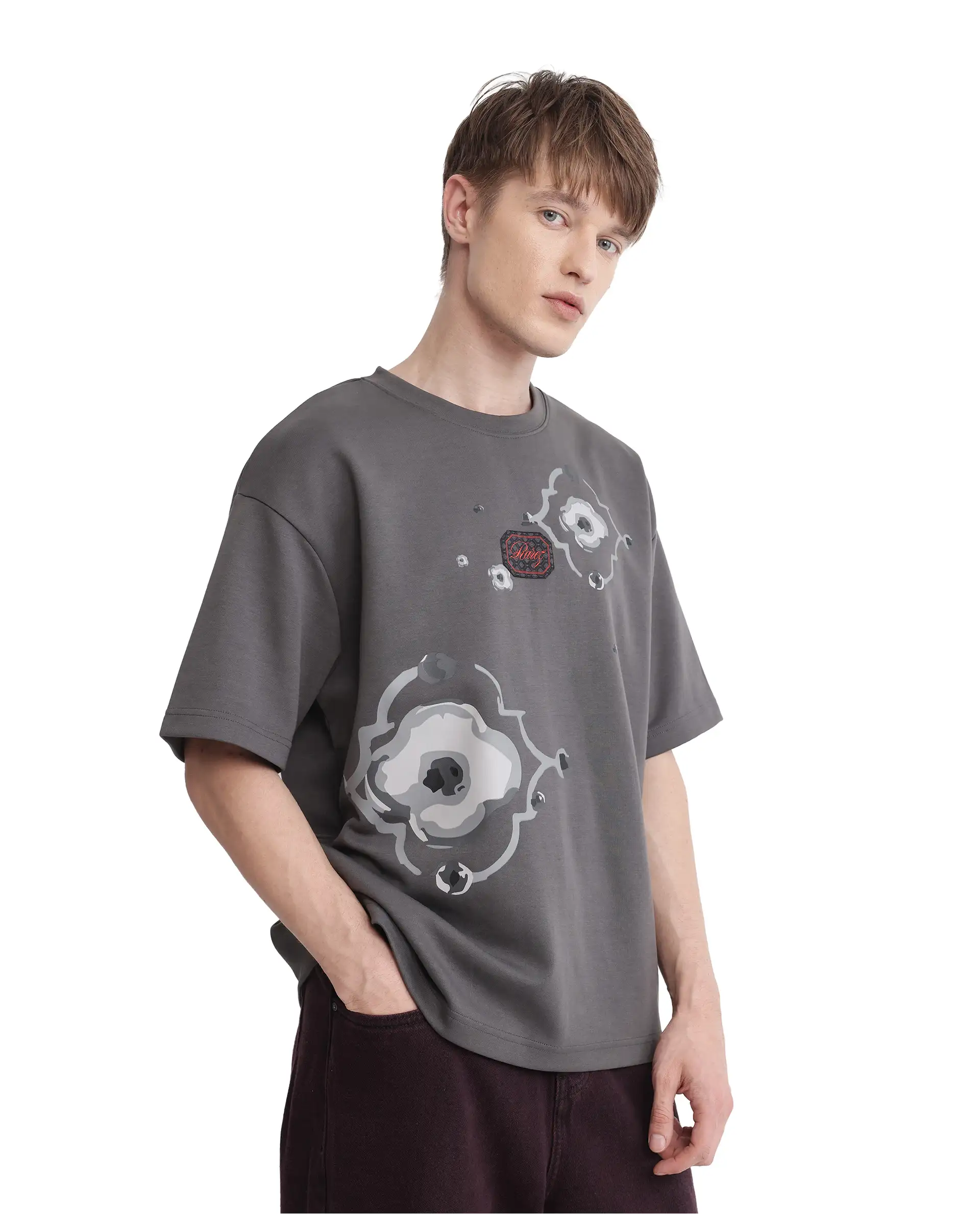 Rare Rabbit Men's Fonz Dark Grey Cotton Blend Graphic Print Oversized Fit Half Sleeve Crew Neck T-Shirt - Image 8
