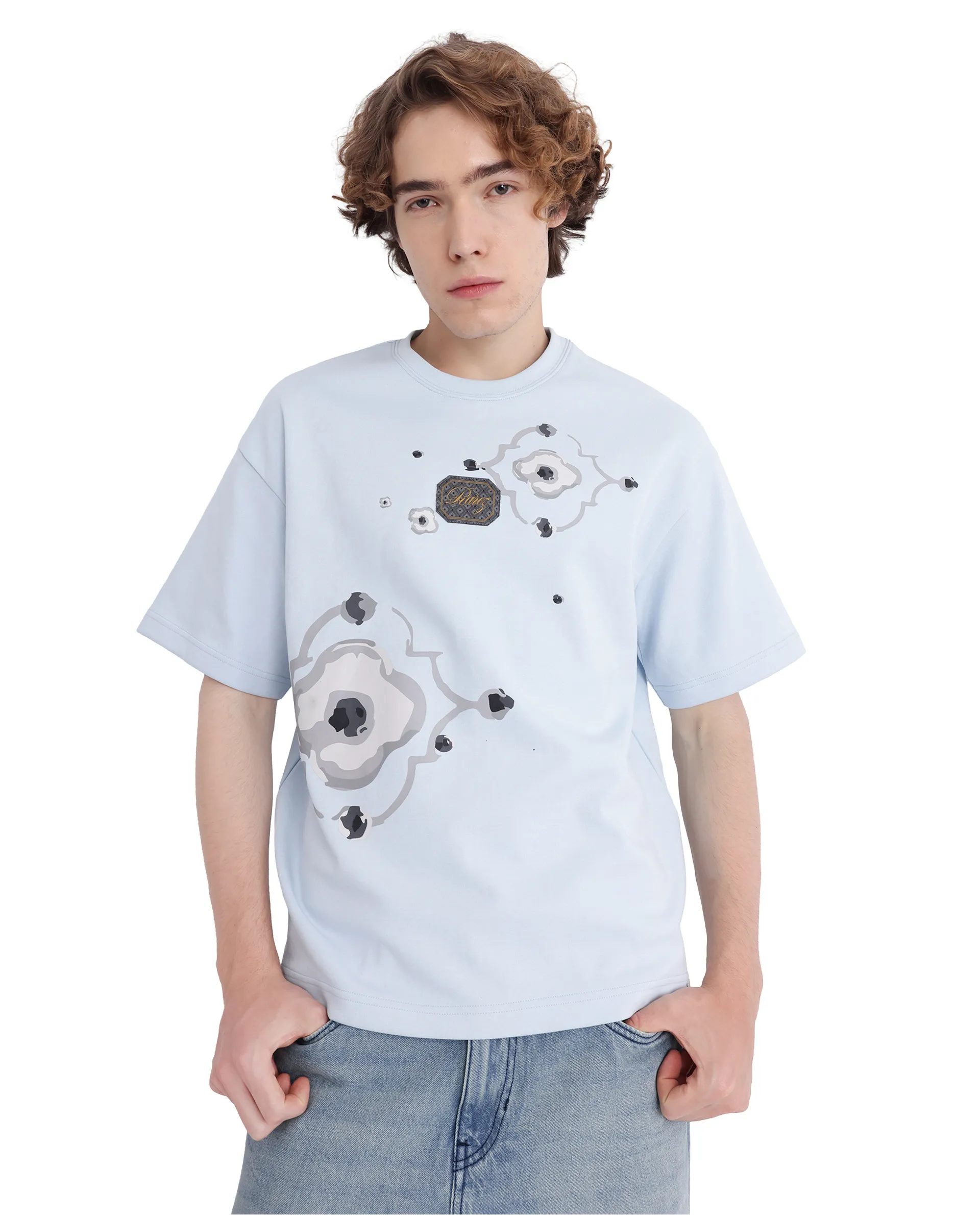 Rare Rabbit Men's Fonz Light Blue Cotton Blend Graphic Print Oversized Fit Half Sleeve Crew Neck T-Shirt