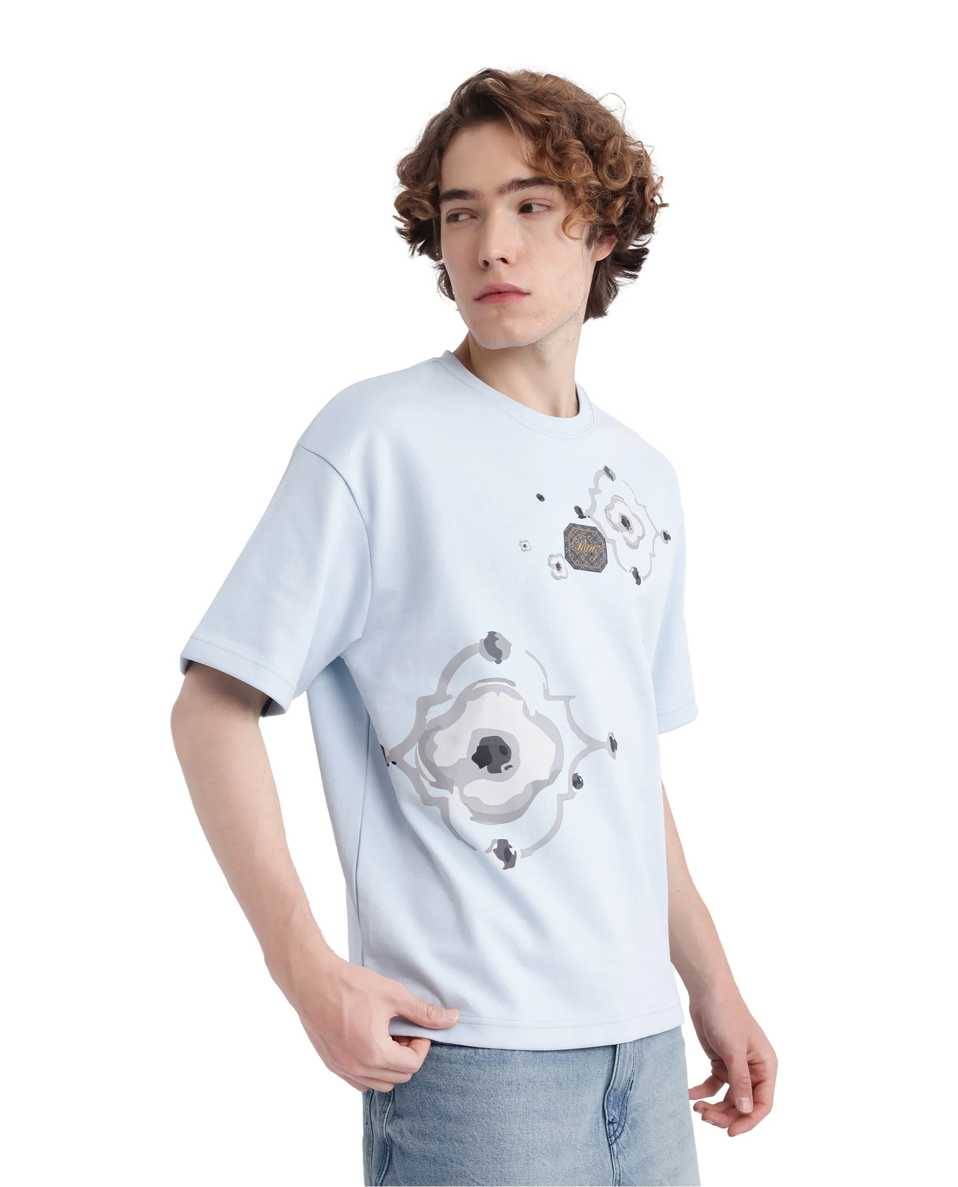 Rare Rabbit Men's Fonz Light Blue Cotton Blend Graphic Print Oversized Fit Half Sleeve Crew Neck T-Shirt - Image 2