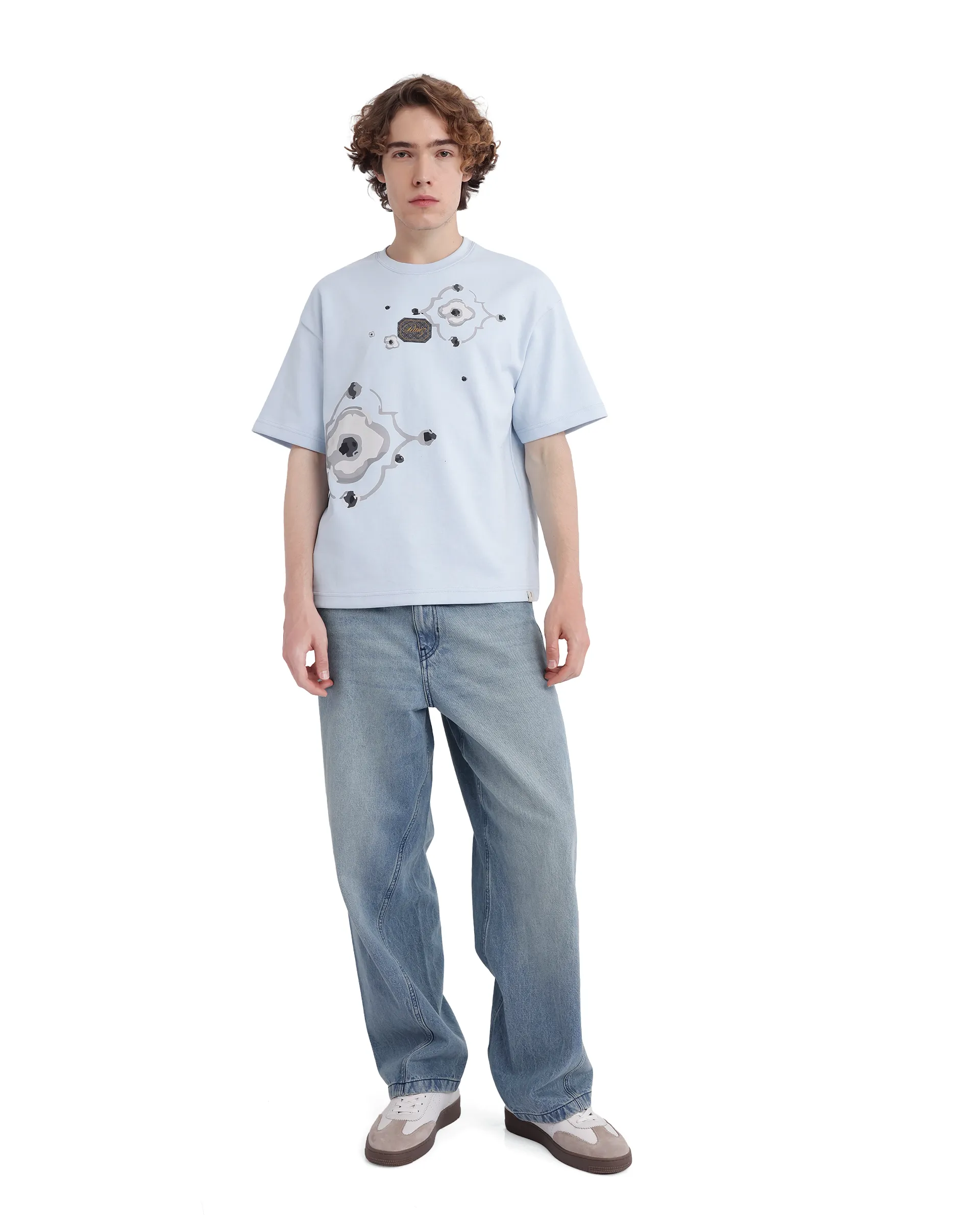 Rare Rabbit Men's Fonz Light Blue Cotton Blend Graphic Print Oversized Fit Half Sleeve Crew Neck T-Shirt - Image 3