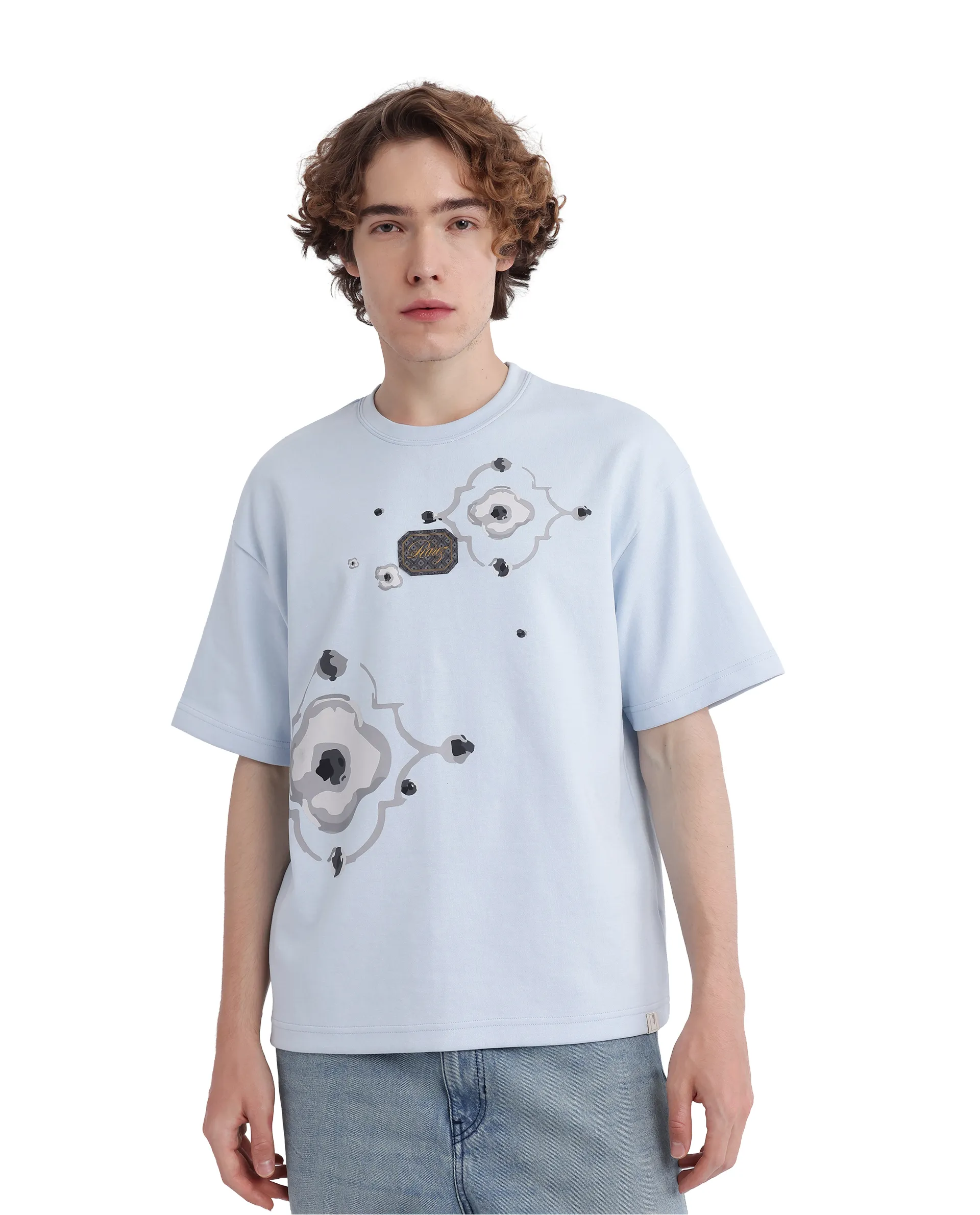 Rare Rabbit Men's Fonz Light Blue Cotton Blend Graphic Print Oversized Fit Half Sleeve Crew Neck T-Shirt - Image 4
