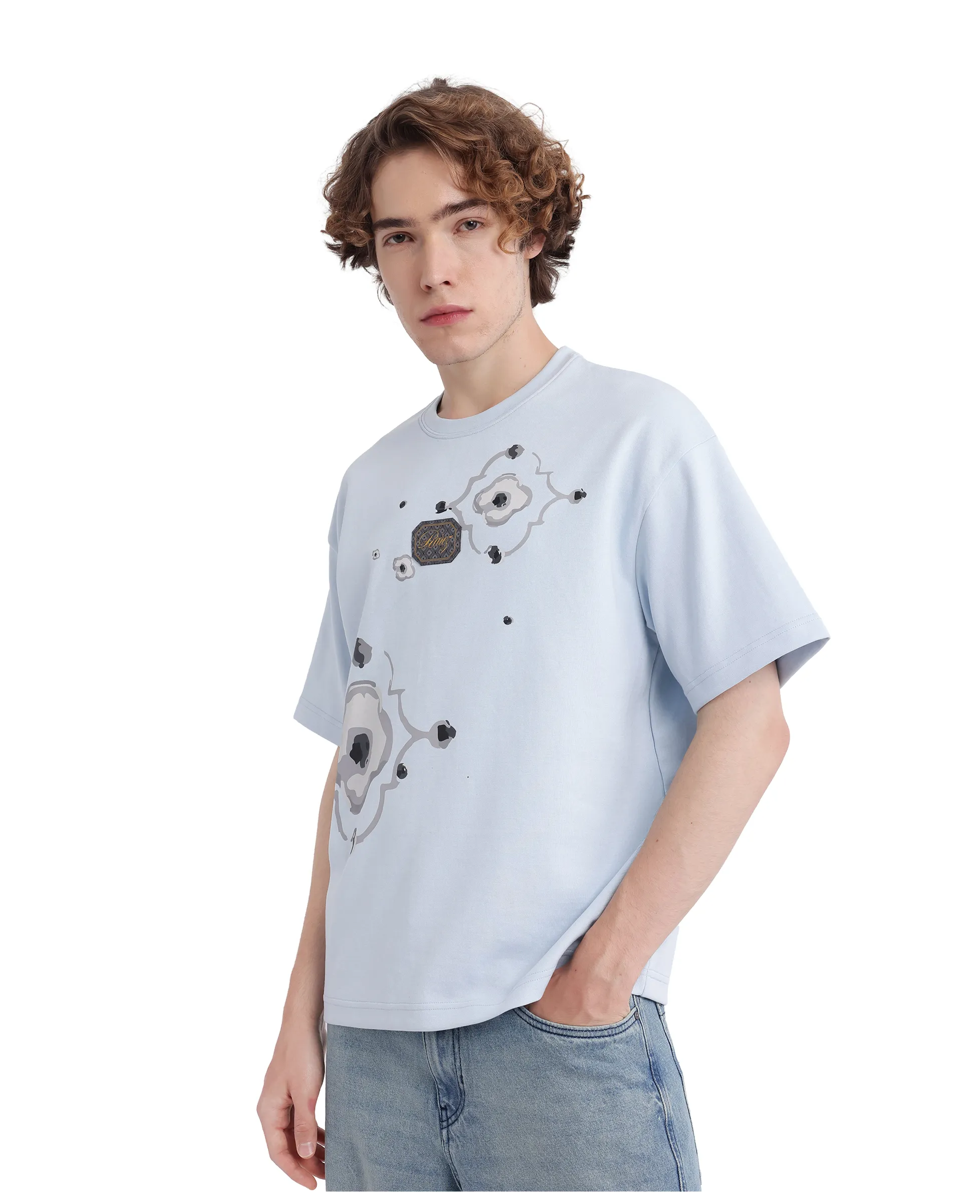Rare Rabbit Men's Fonz Light Blue Cotton Blend Graphic Print Oversized Fit Half Sleeve Crew Neck T-Shirt - Image 5