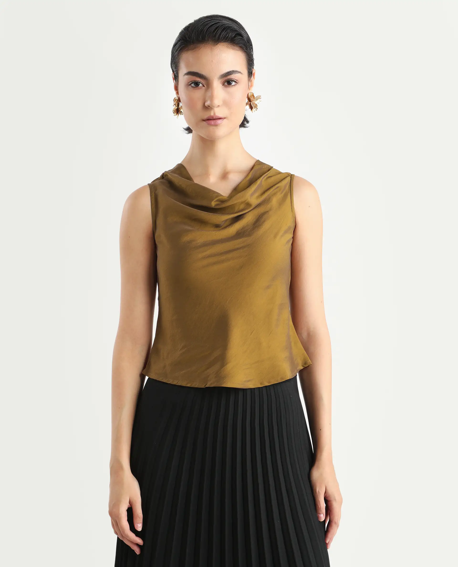 Rareism Women's Foose Metallic Gold Polyester Cowl Neck Plain Sleeveless Regular Fit Top - Image 3