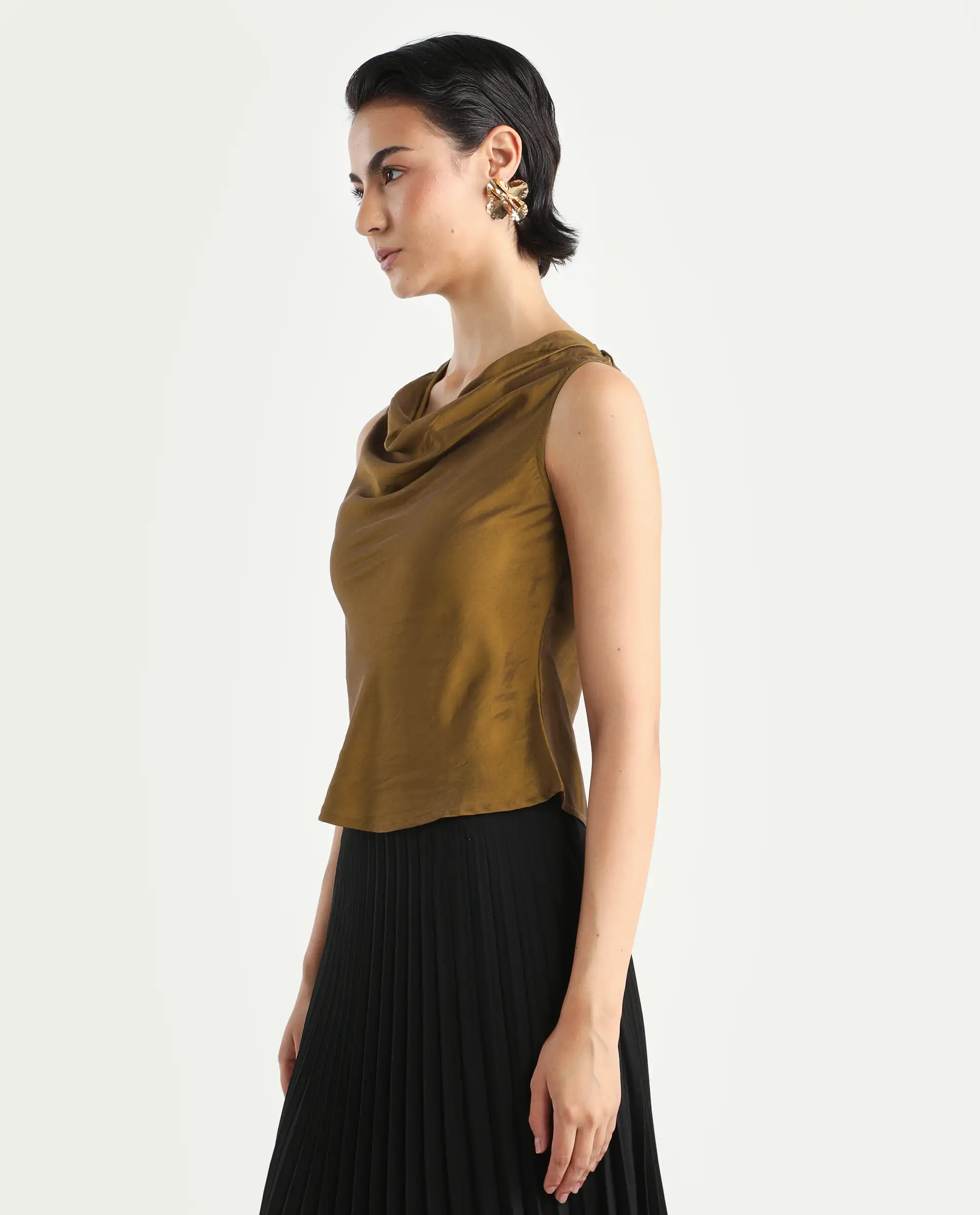 Rareism Women's Foose Metallic Gold Polyester Cowl Neck Plain Sleeveless Regular Fit Top - Image 5