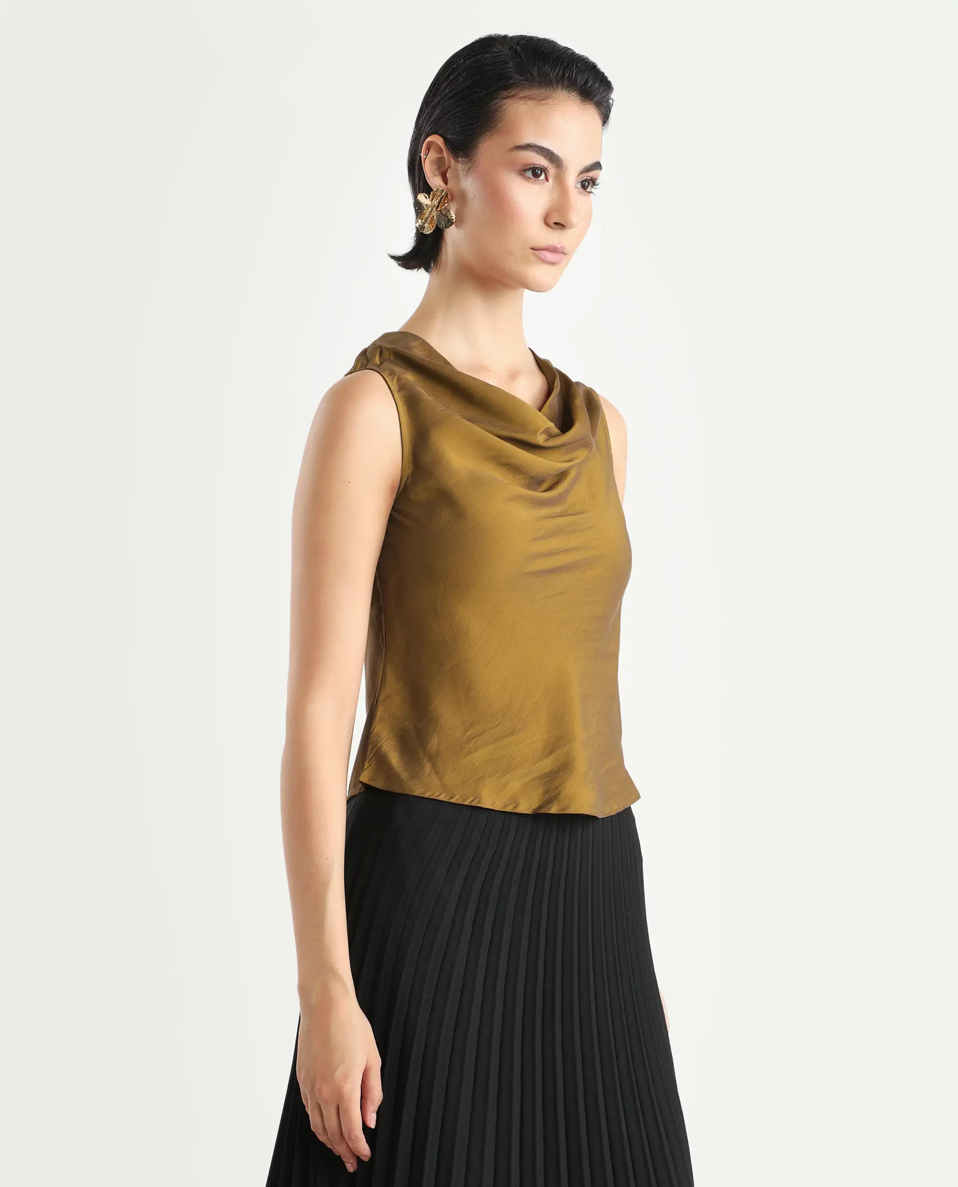 Rareism Women's Foose Metallic Gold Polyester Cowl Neck Plain Sleeveless Regular Fit Top - Image 6