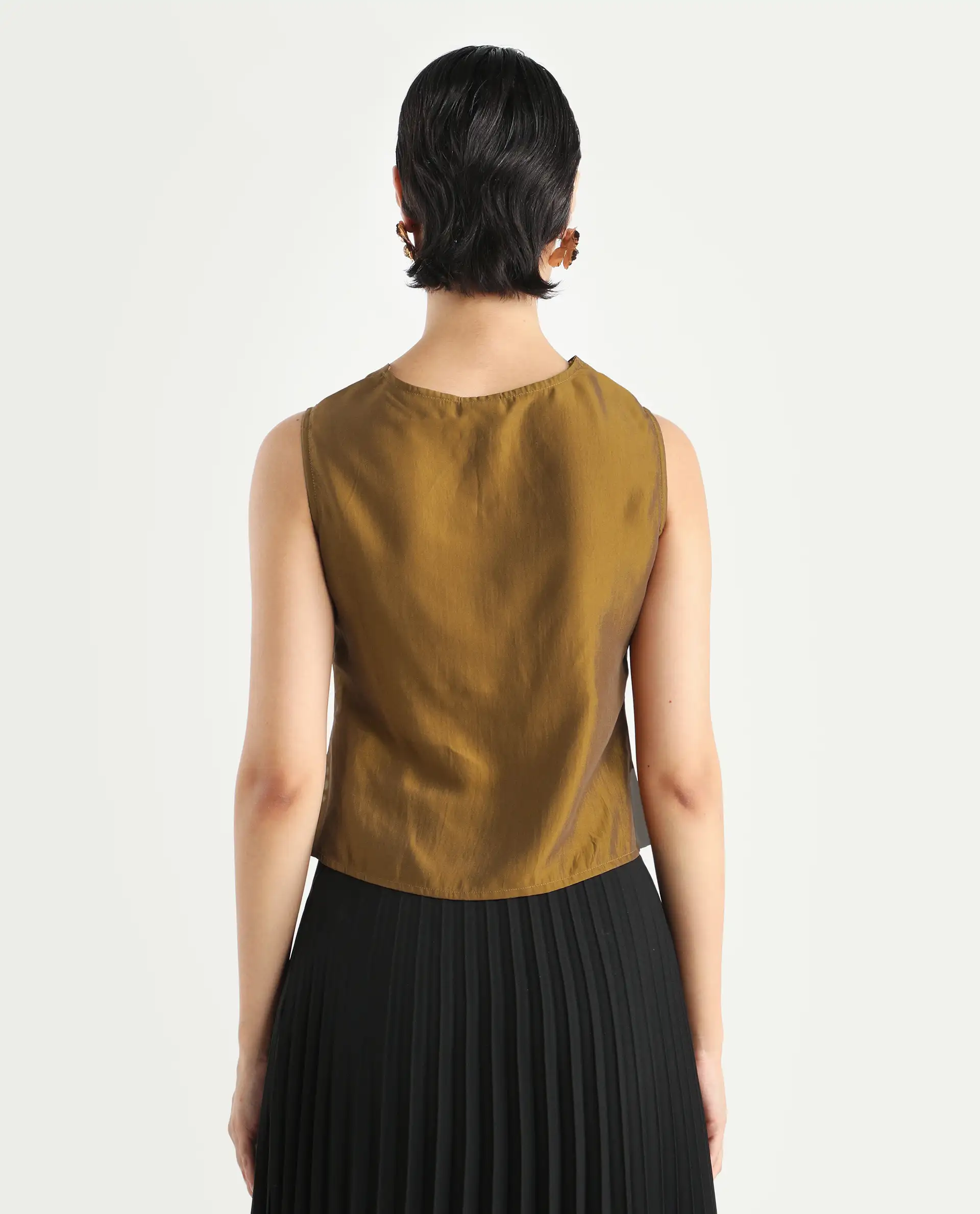 Rareism Women's Foose Metallic Gold Polyester Cowl Neck Plain Sleeveless Regular Fit Top - Image 7