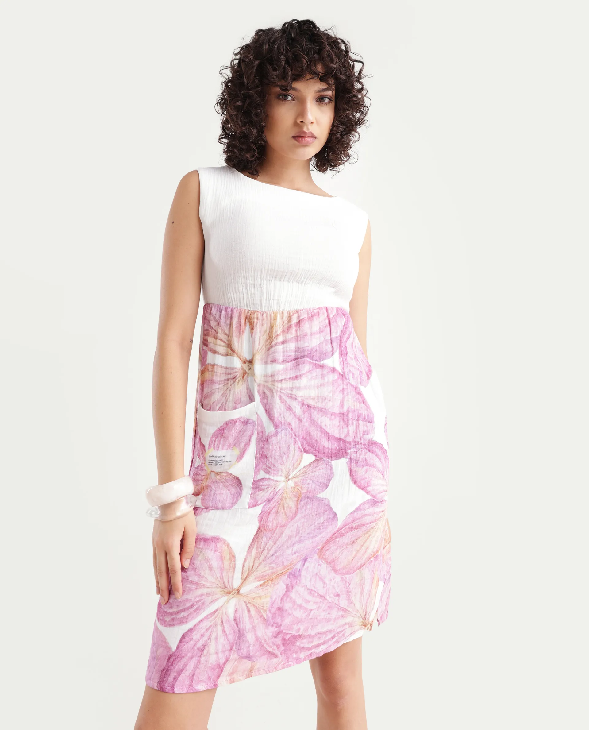 Rareism Women's Fopik Light Multi Cotton Crew Neck Floral Print Sleeveless Knee Length Fit And Flare Dress