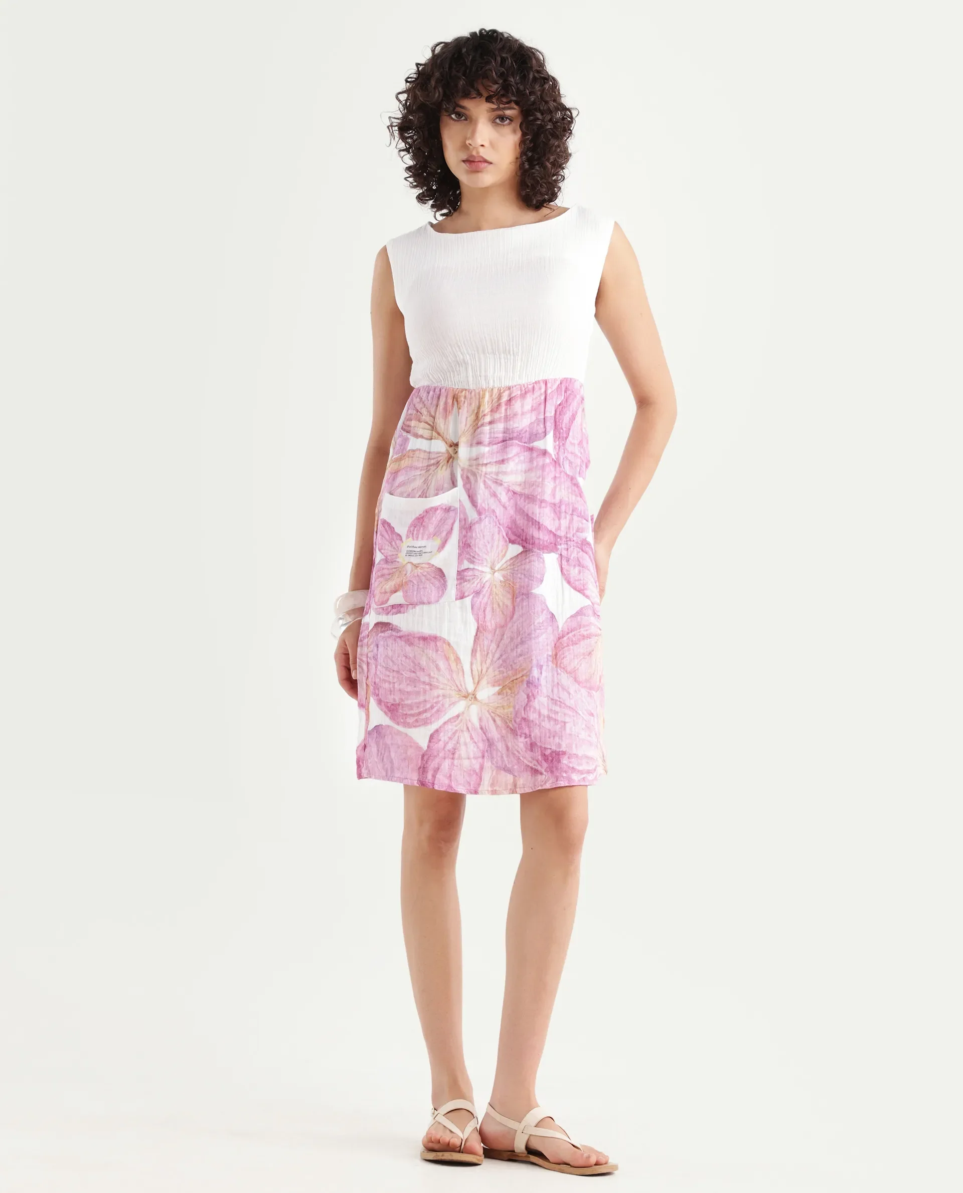 Rareism Women's Fopik Light Multi Cotton Crew Neck Floral Print Sleeveless Knee Length Fit And Flare Dress - Image 2