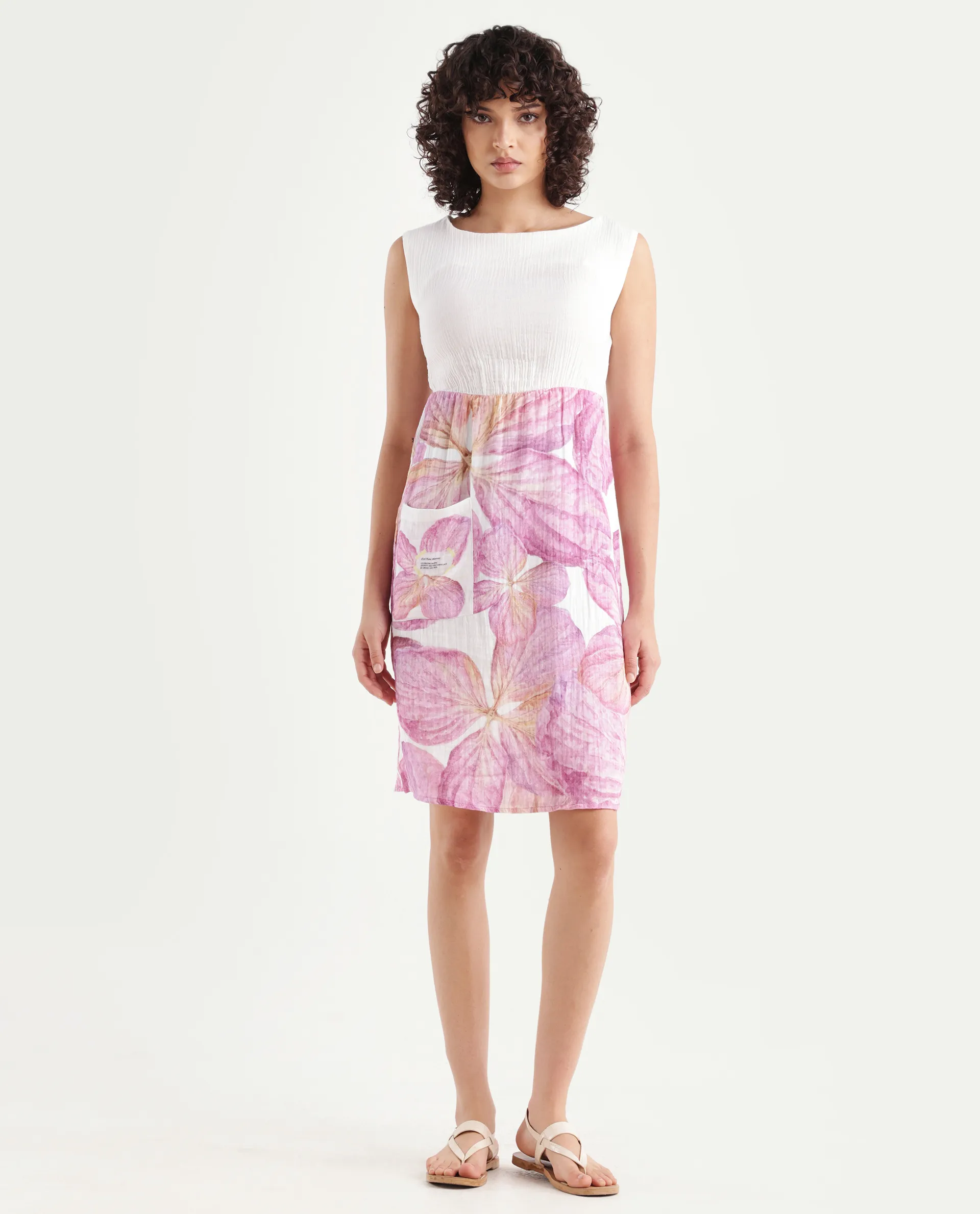 Rareism Women's Fopik Light Multi Cotton Crew Neck Floral Print Sleeveless Knee Length Fit And Flare Dress - Image 3