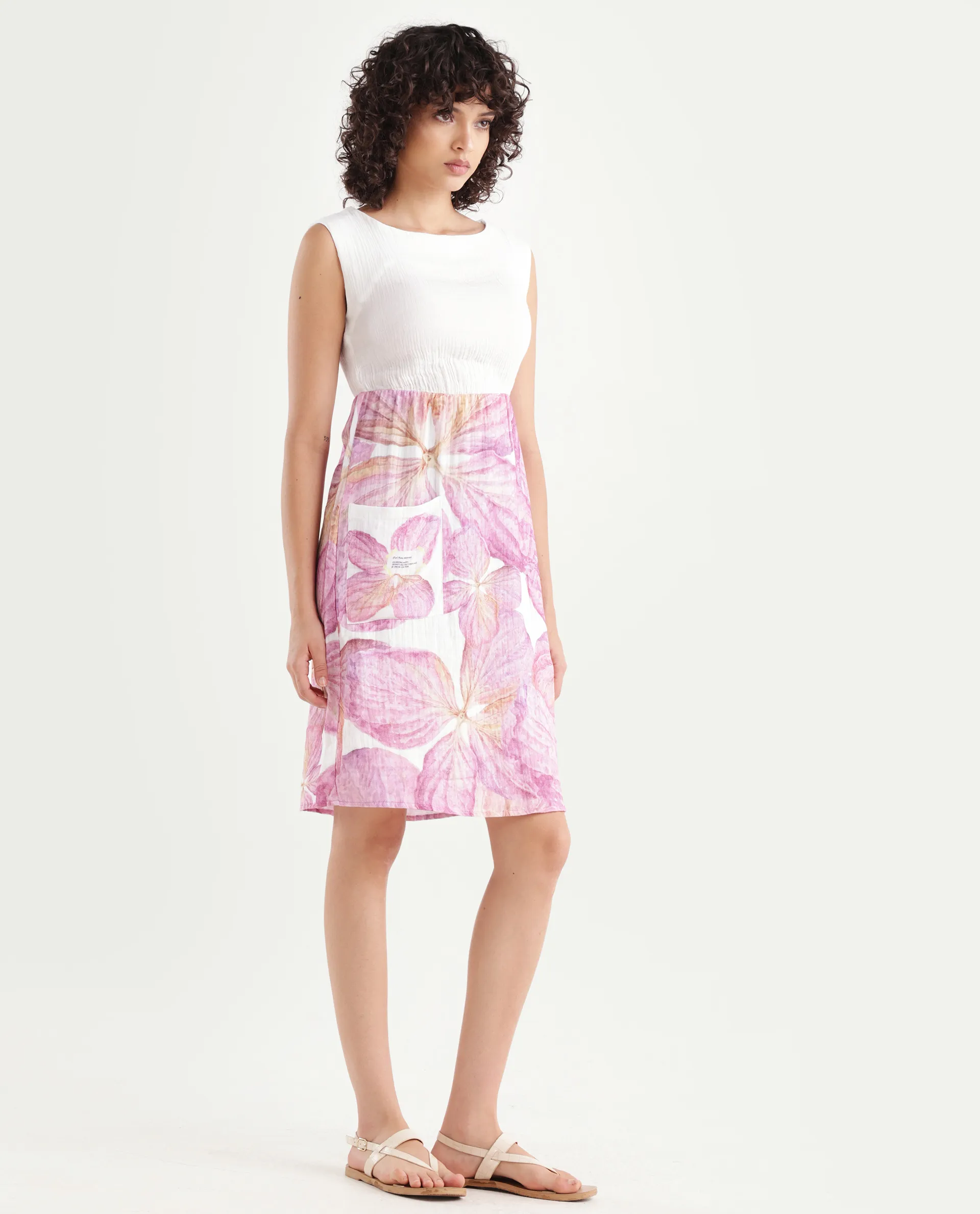 Rareism Women's Fopik Light Multi Cotton Crew Neck Floral Print Sleeveless Knee Length Fit And Flare Dress - Image 5
