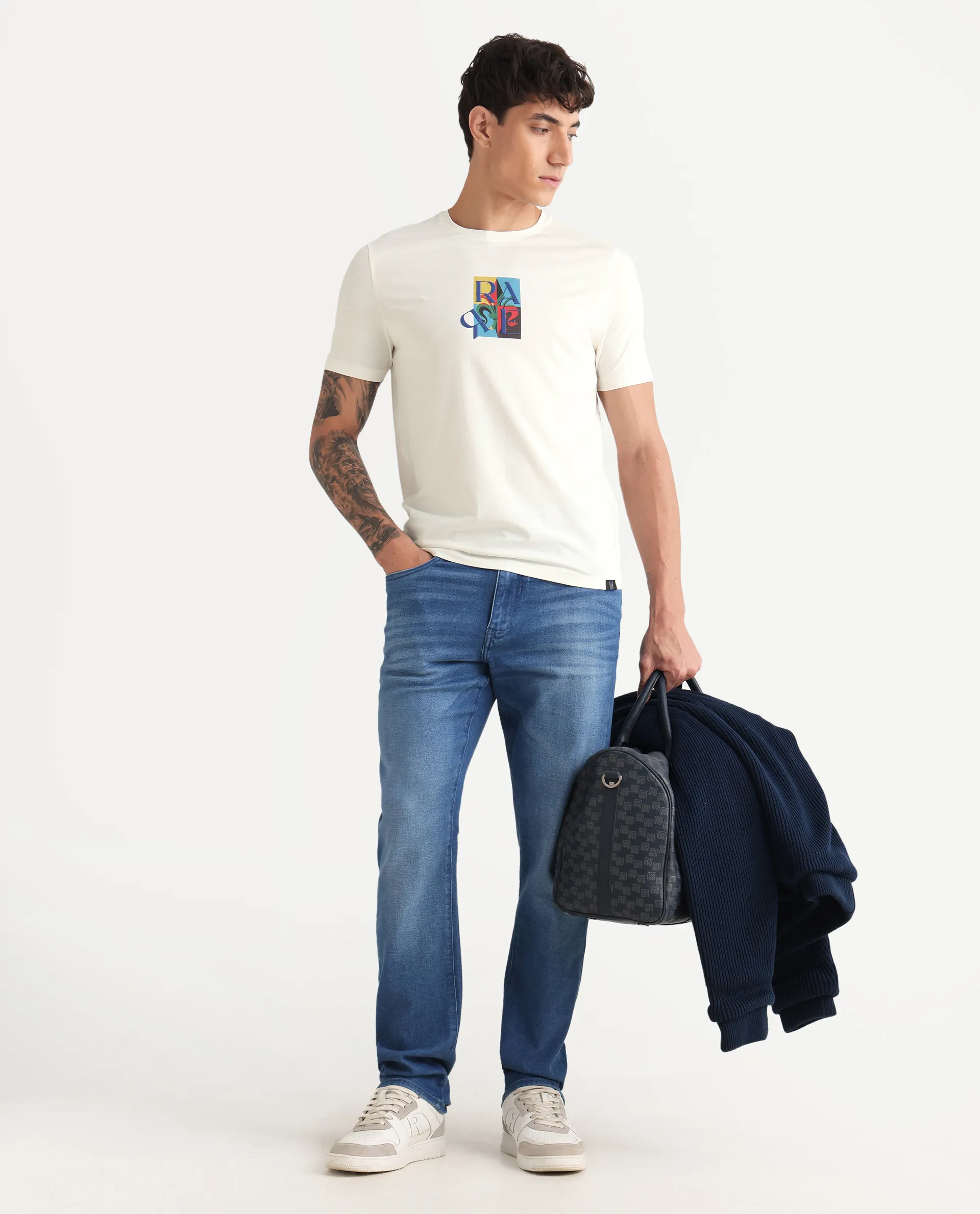 Rare Rabbit Men's For Off White Cotton Blend Fabric Crew Neck Regular Graphic Print T-Shirt - Image 2