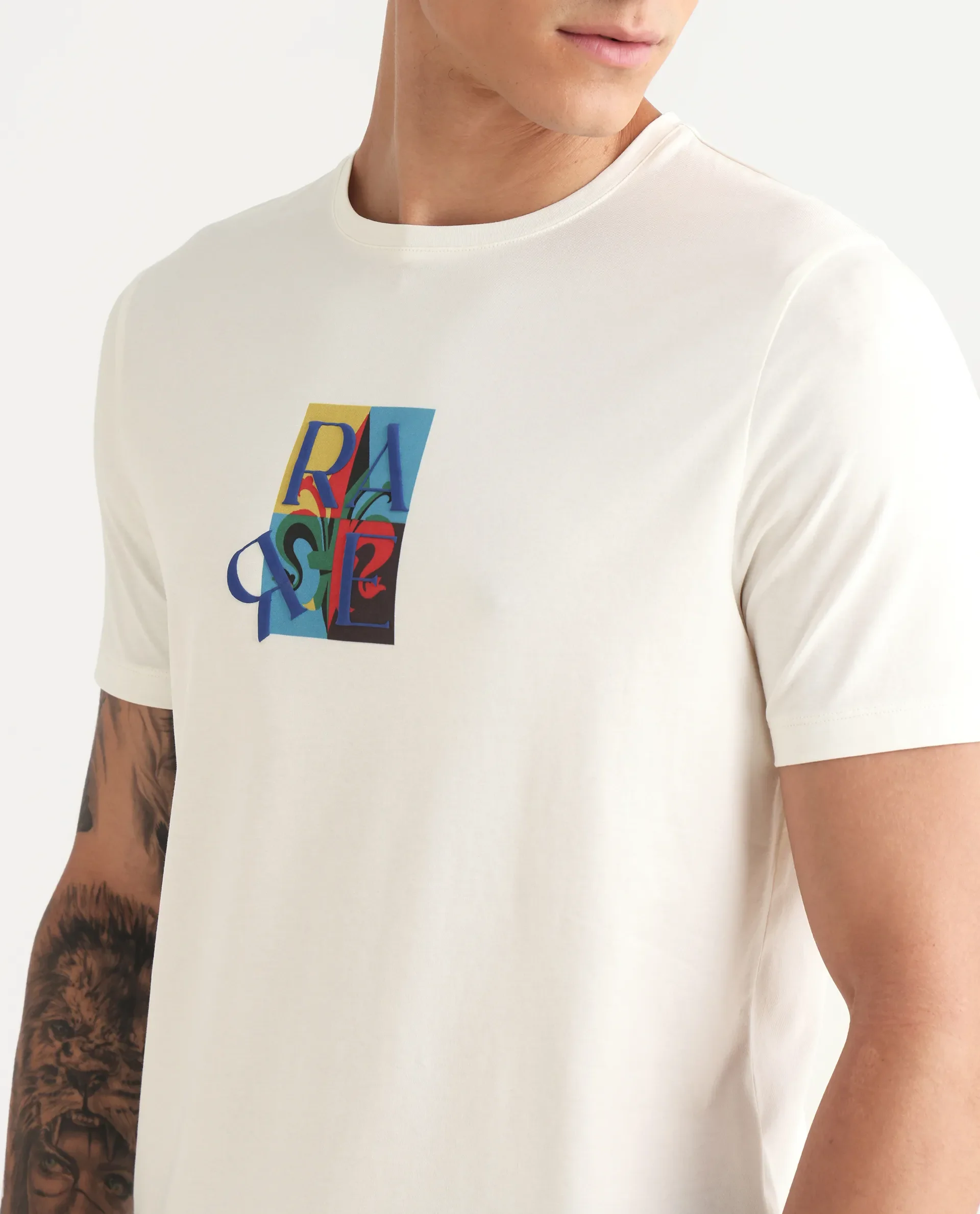 Rare Rabbit Men's For Off White Cotton Blend Fabric Crew Neck Regular Graphic Print T-Shirt - Image 3