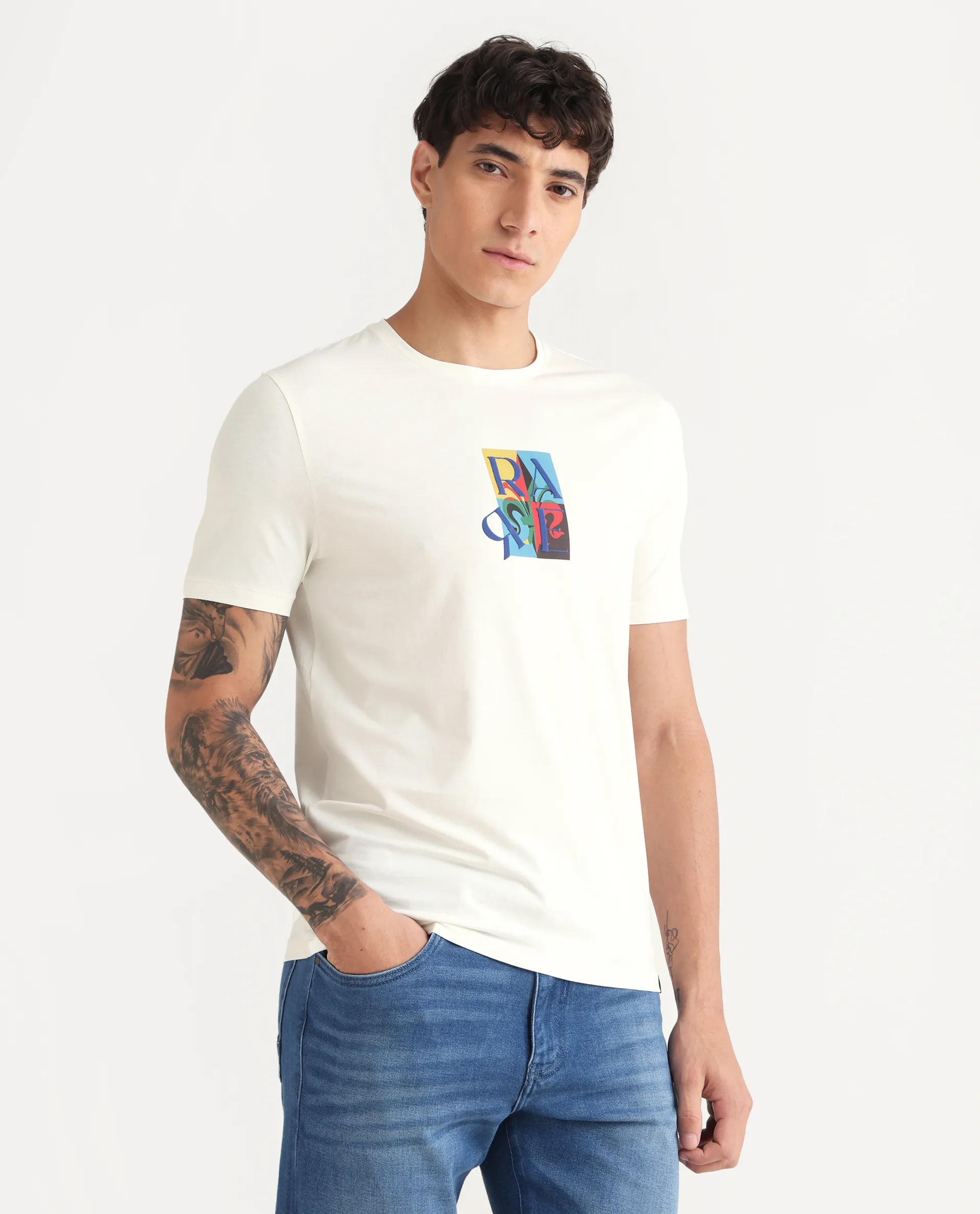 Rare Rabbit Men's For Off White Cotton Blend Fabric Crew Neck Regular Graphic Print T-Shirt - Image 4
