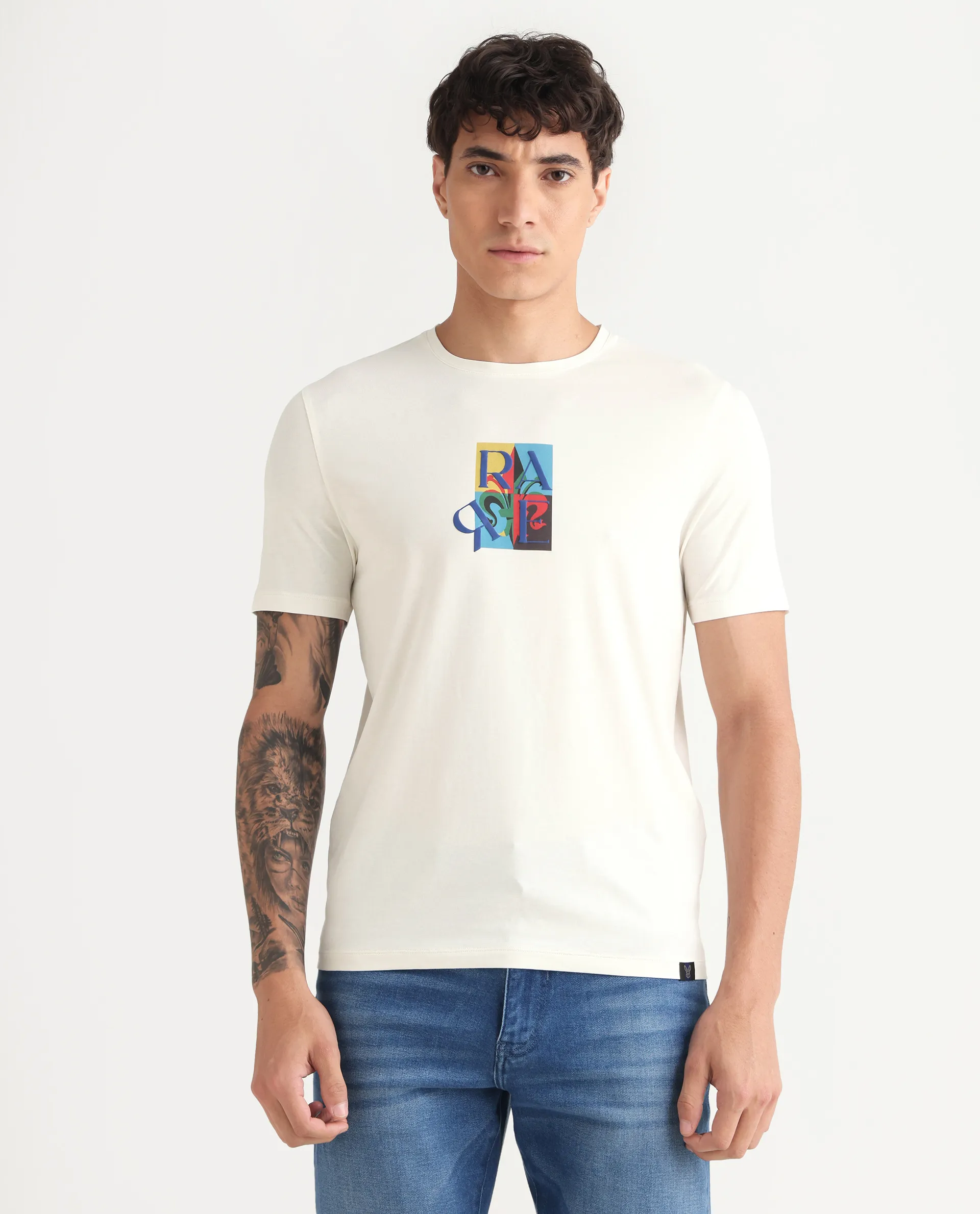 Rare Rabbit Men's For Off White Cotton Blend Fabric Crew Neck Regular Graphic Print T-Shirt - Image 5