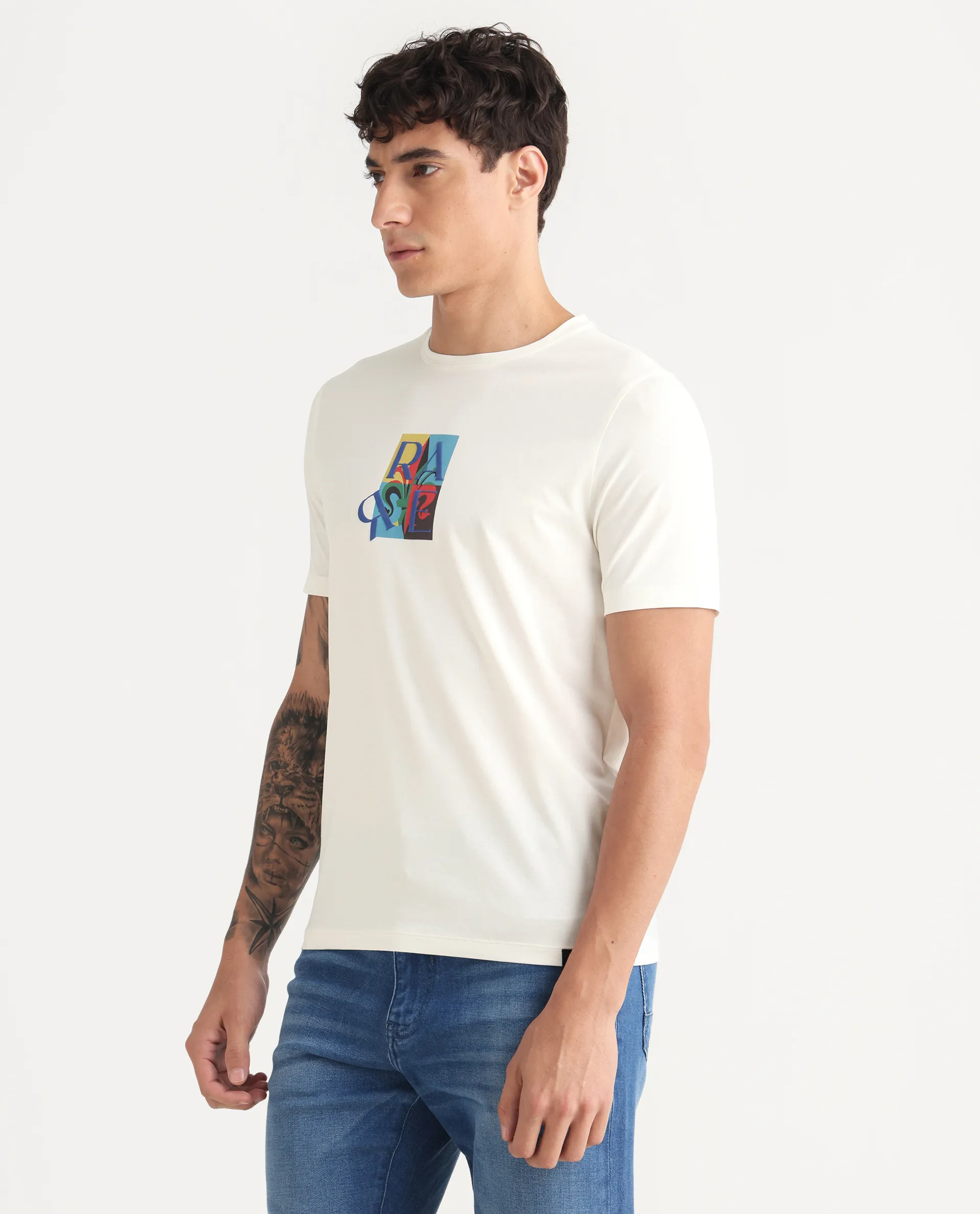 Rare Rabbit Men's For Off White Cotton Blend Fabric Crew Neck Regular Graphic Print T-Shirt - Image 6