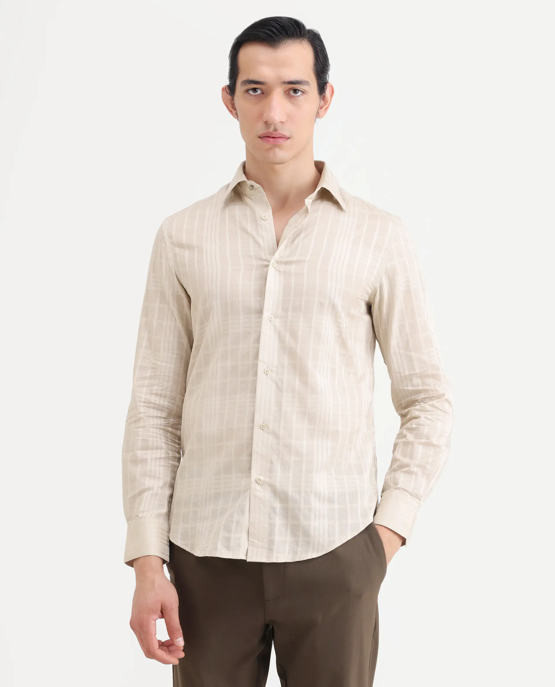 Rare Rabbit Men's Ford Beige Cotton Fabric Full Sleeve Spread Collar Regular Fit Checked Shirt - Image 4