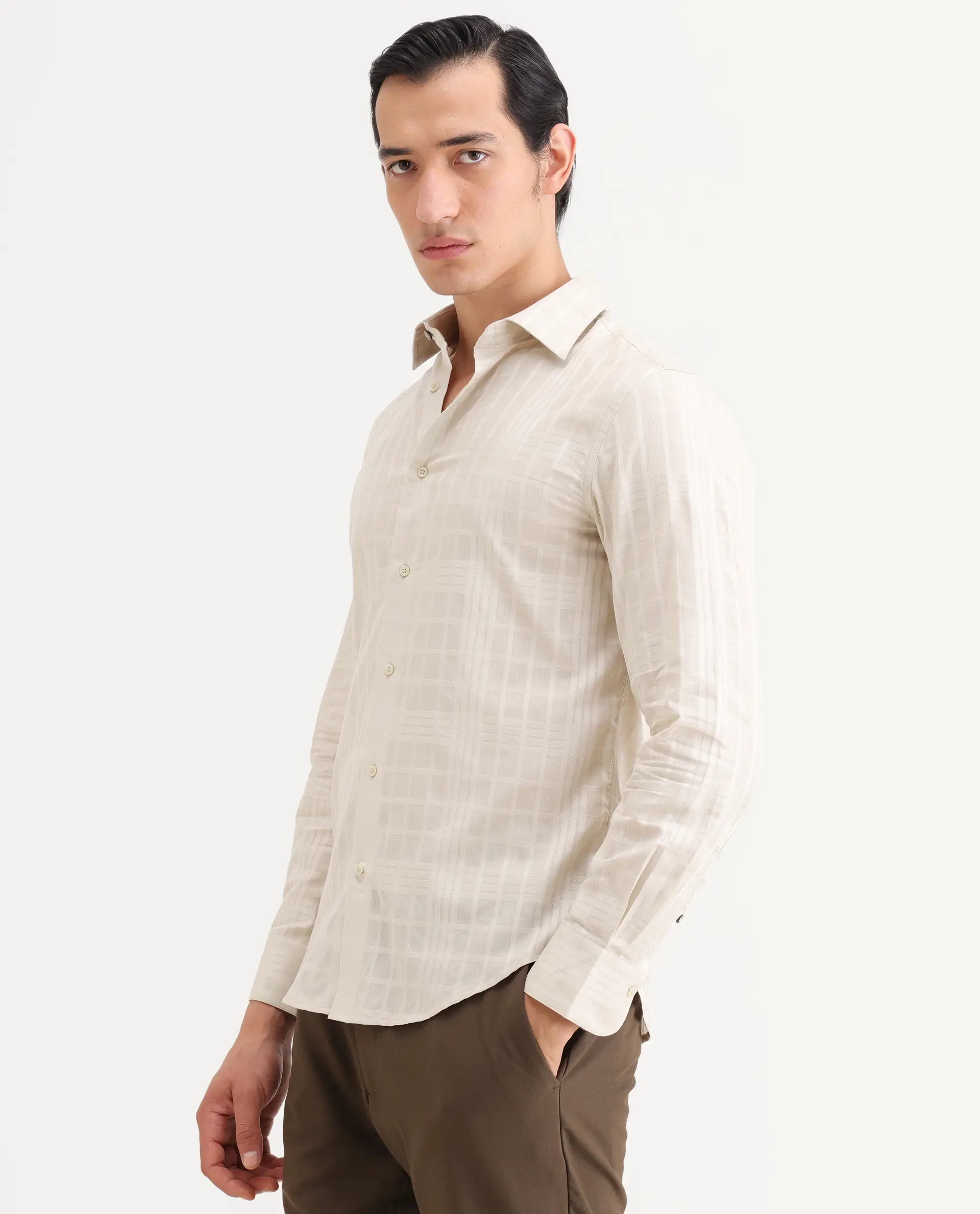 Rare Rabbit Men's Ford Beige Cotton Fabric Full Sleeve Spread Collar Regular Fit Checked Shirt - Image 5