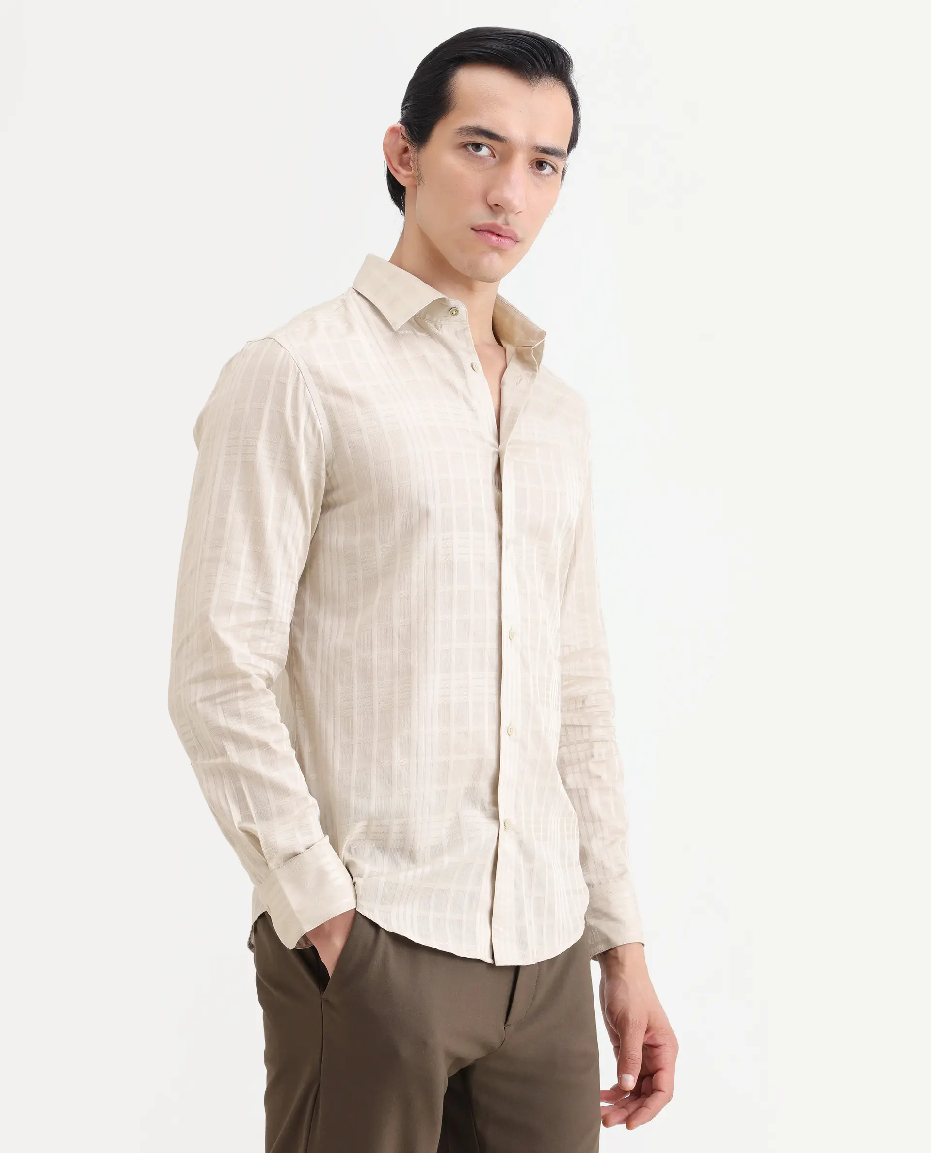Rare Rabbit Men's Ford Beige Cotton Fabric Full Sleeve Spread Collar Regular Fit Checked Shirt - Image 6