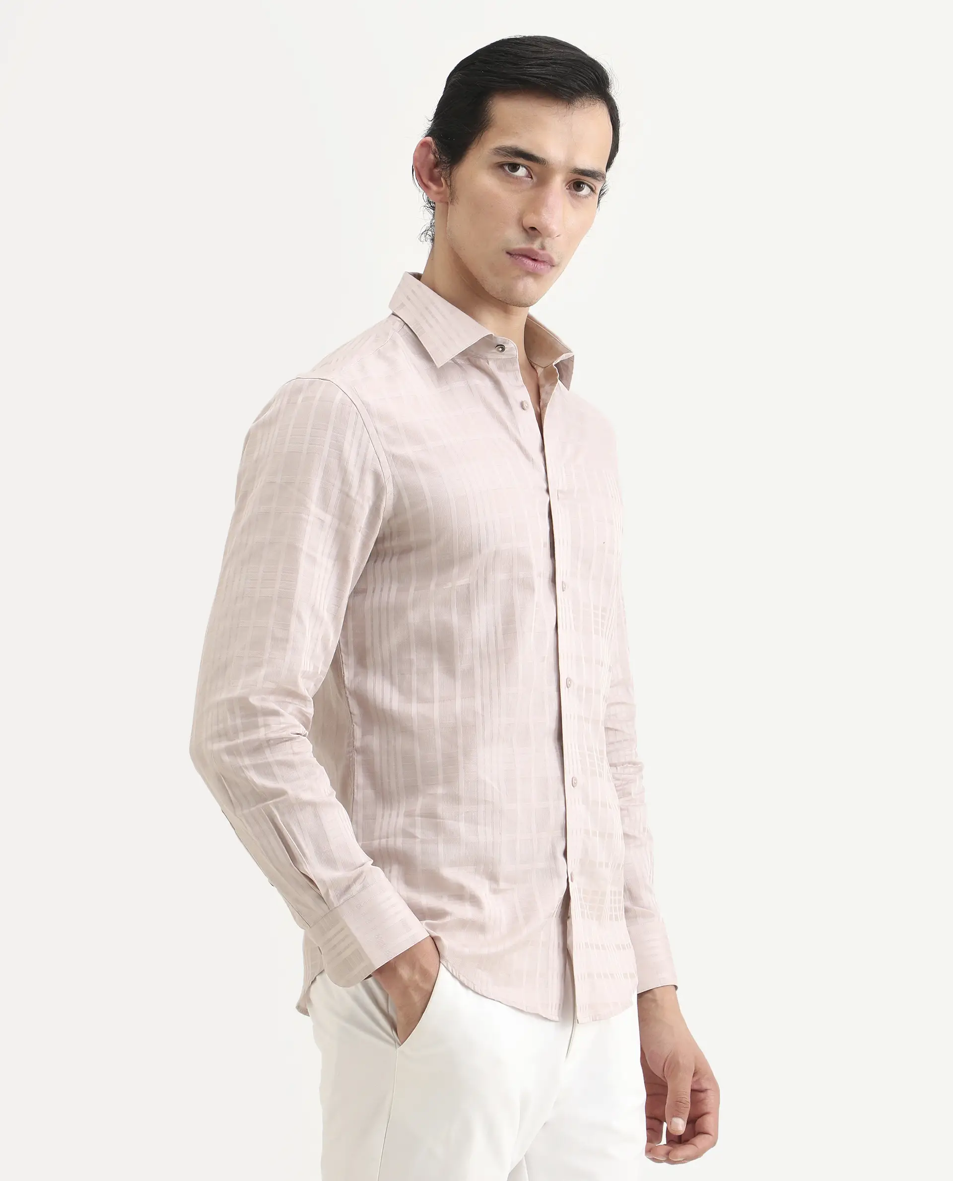 Rare Rabbit Men's Ford Dusky Pink Cotton Fabric Full Sleeve Spread Collar Regular Fit Checked Shirt - Image 4