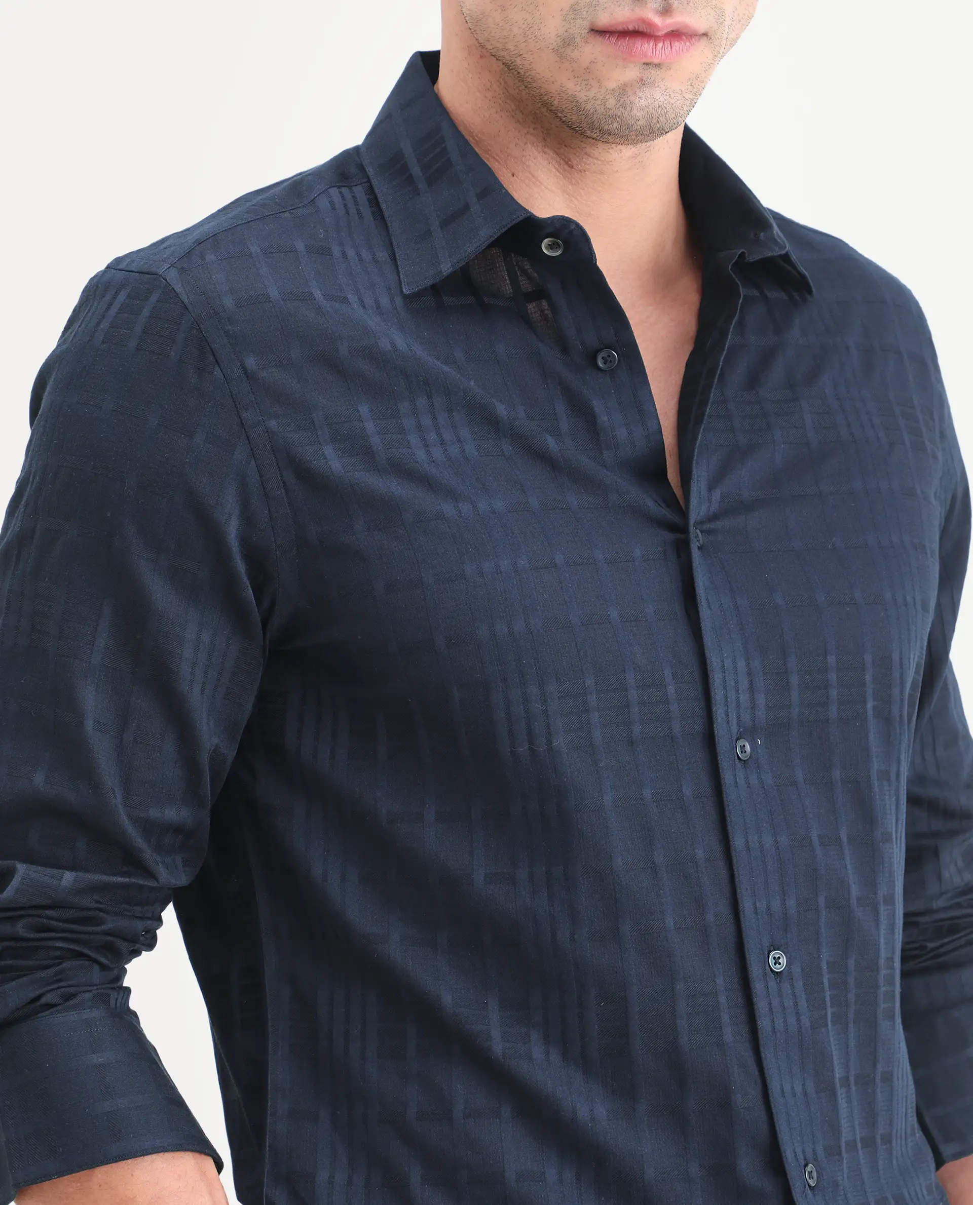 Rare Rabbit Men's Ford Navy Cotton Fabric Full Sleeve Spread Collar Regular Fit Checked Shirt - Image 3
