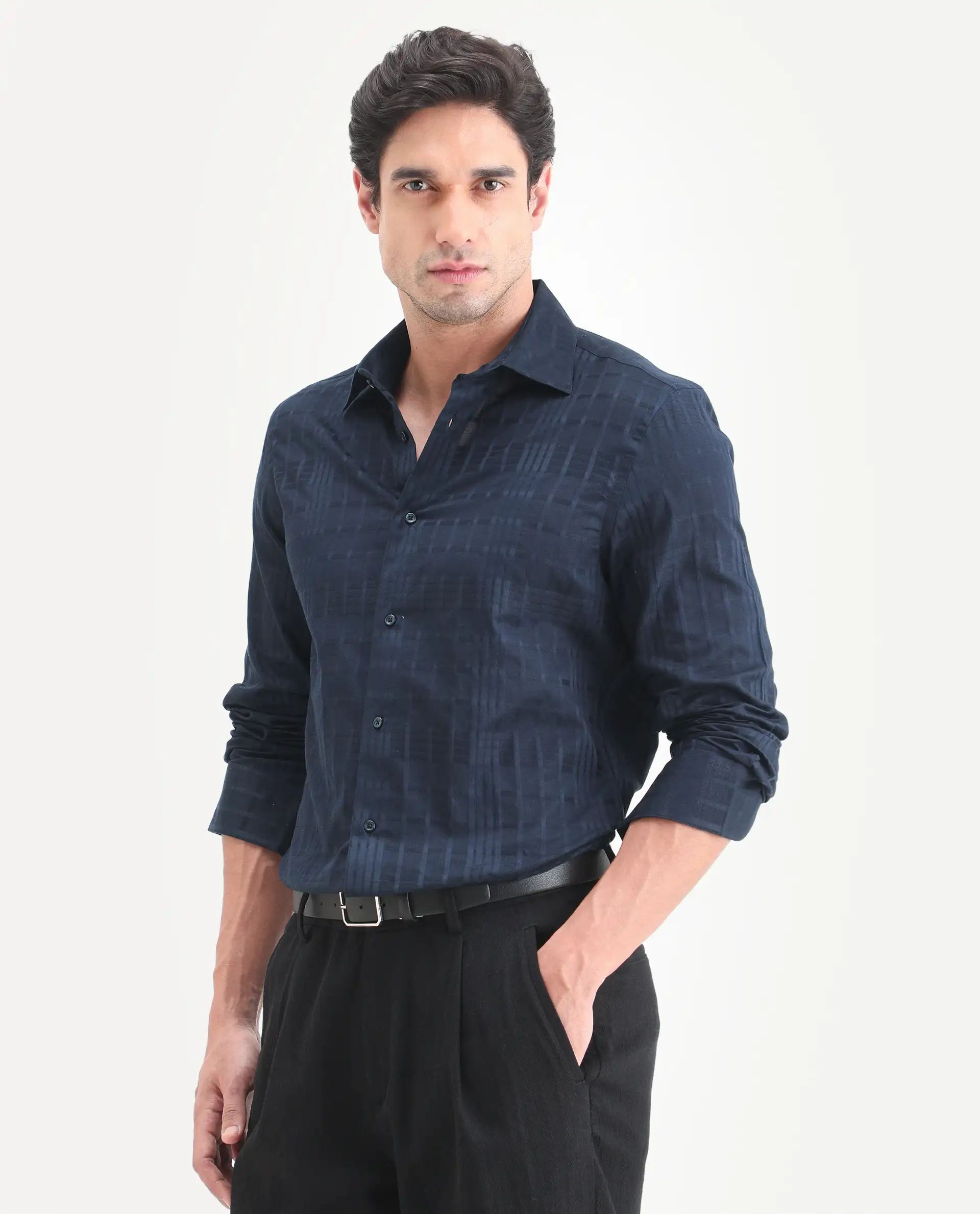 Rare Rabbit Men's Ford Navy Cotton Fabric Full Sleeve Spread Collar Regular Fit Checked Shirt - Image 4