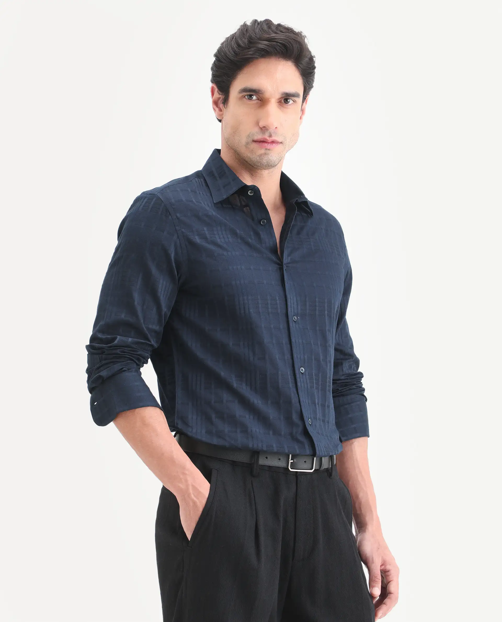 Rare Rabbit Men's Ford Navy Cotton Fabric Full Sleeve Spread Collar Regular Fit Checked Shirt - Image 5