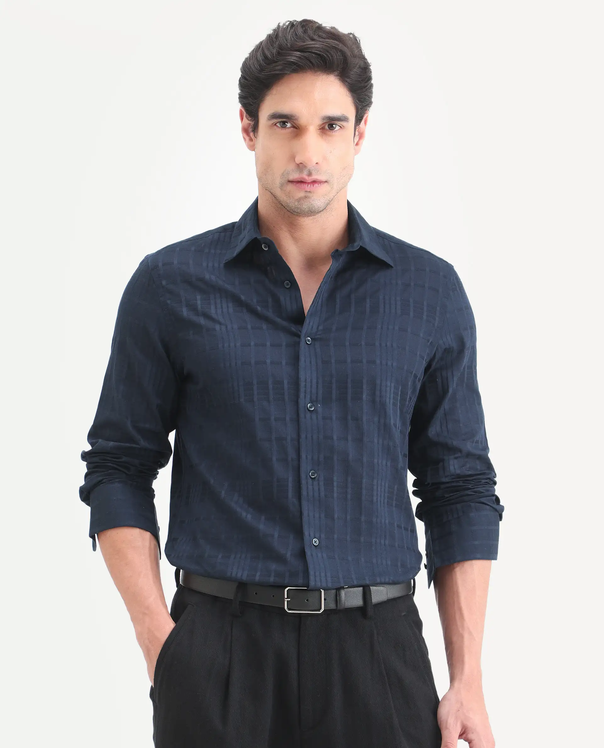 Rare Rabbit Men's Ford Navy Cotton Fabric Full Sleeve Spread Collar Regular Fit Checked Shirt - Image 6