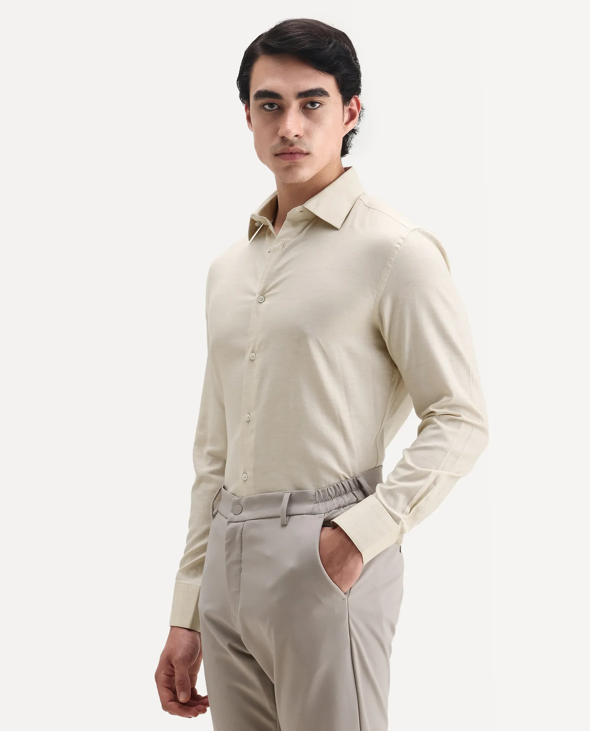 Rare Rabbit Men's Forde Off White Cotton Plain Regular Fit Full Sleeve Collared Shirt - Image 4