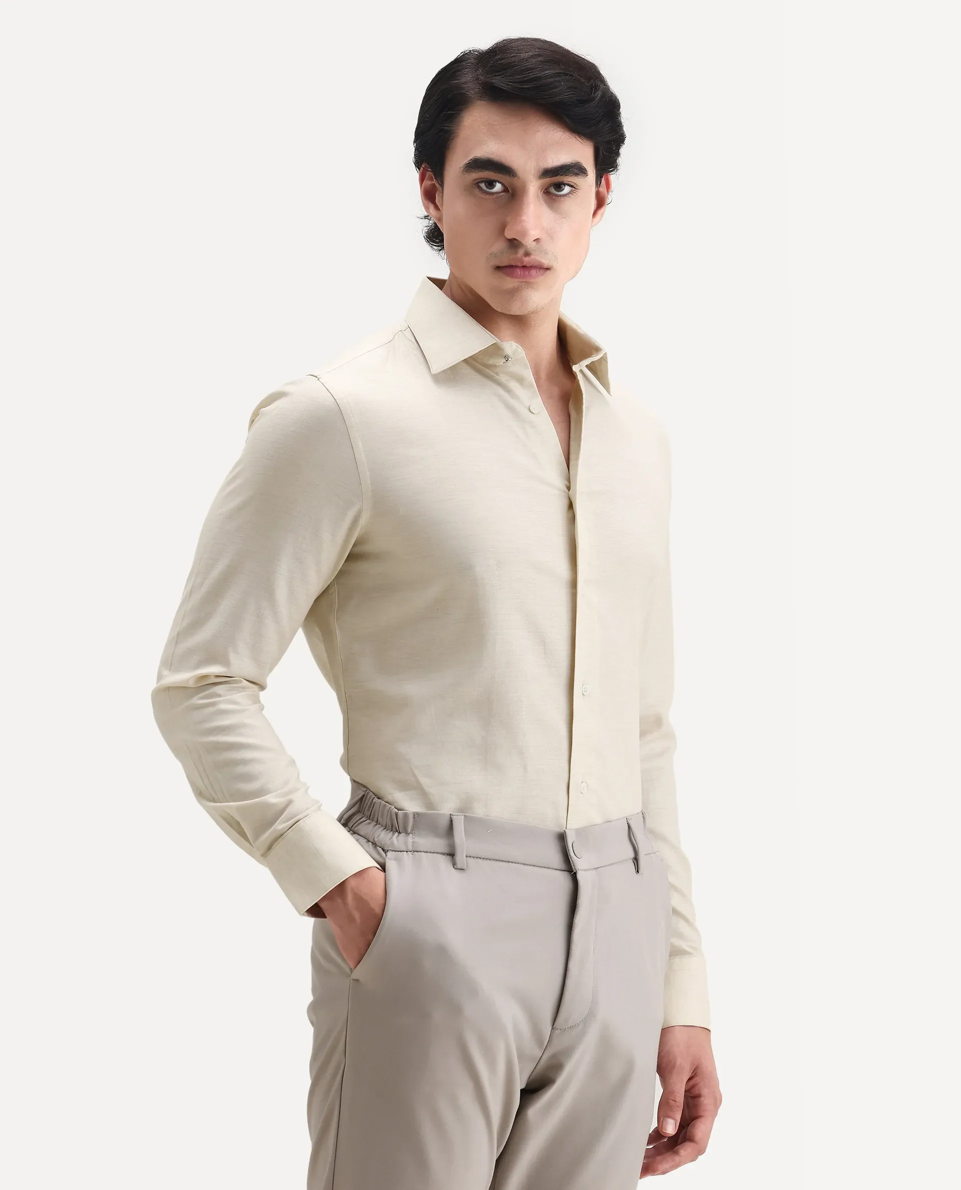 Rare Rabbit Men's Forde Off White Cotton Plain Regular Fit Full Sleeve Collared Shirt - Image 5