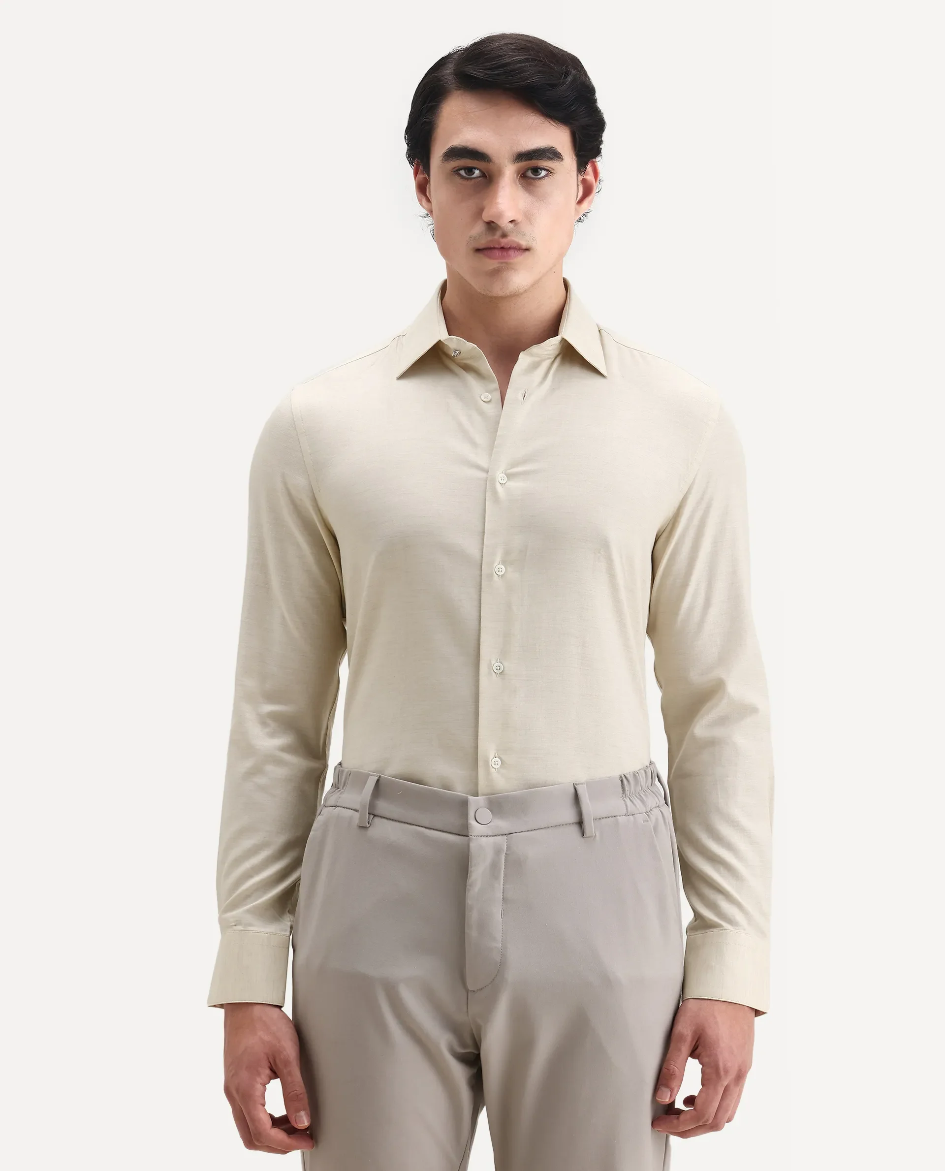 Rare Rabbit Men's Forde Off White Cotton Plain Regular Fit Full Sleeve Collared Shirt - Image 6