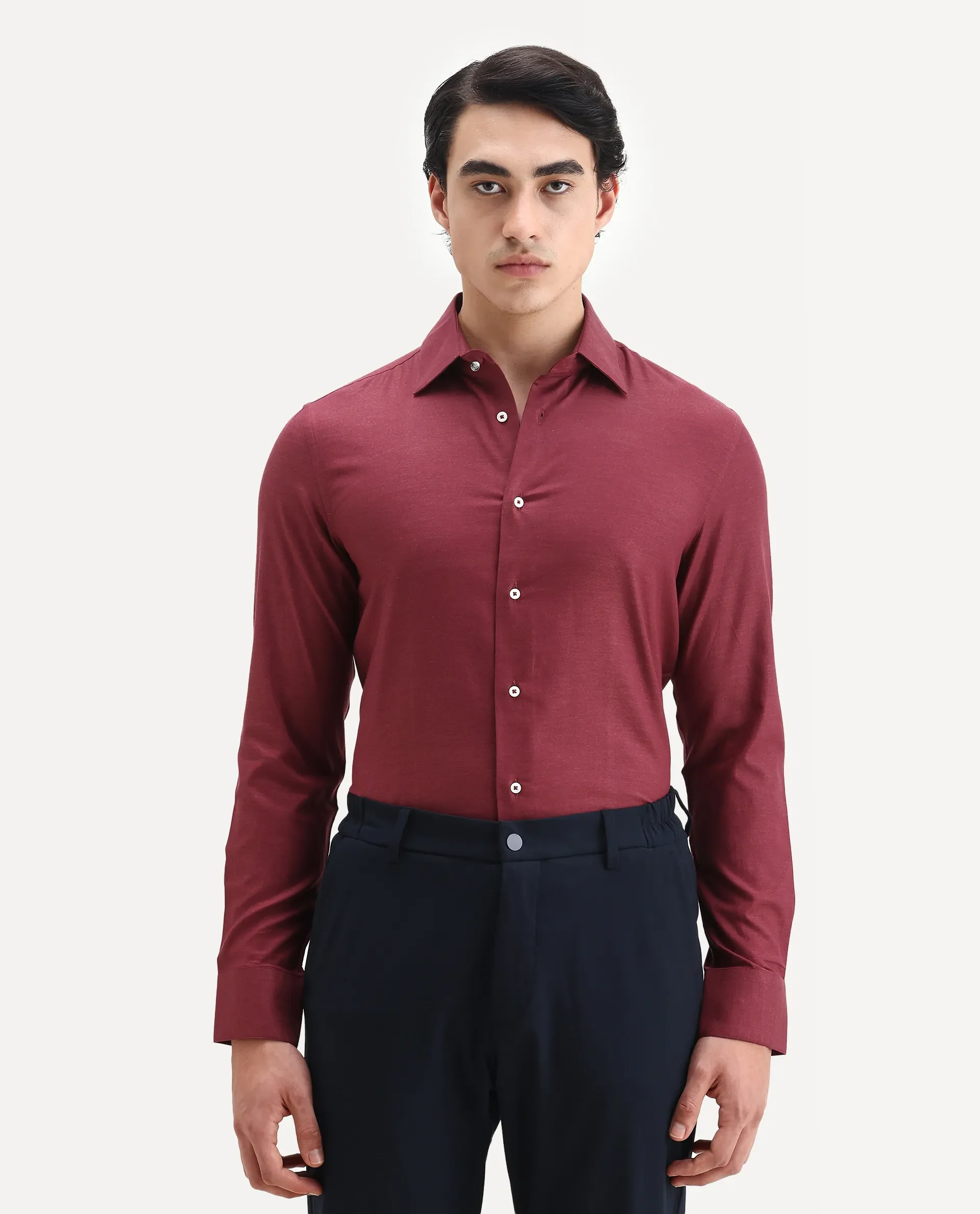 Rare Rabbit Men's Forde Red Cotton Plain Regular Fit Full Sleeve Collared Shirt - Image 6